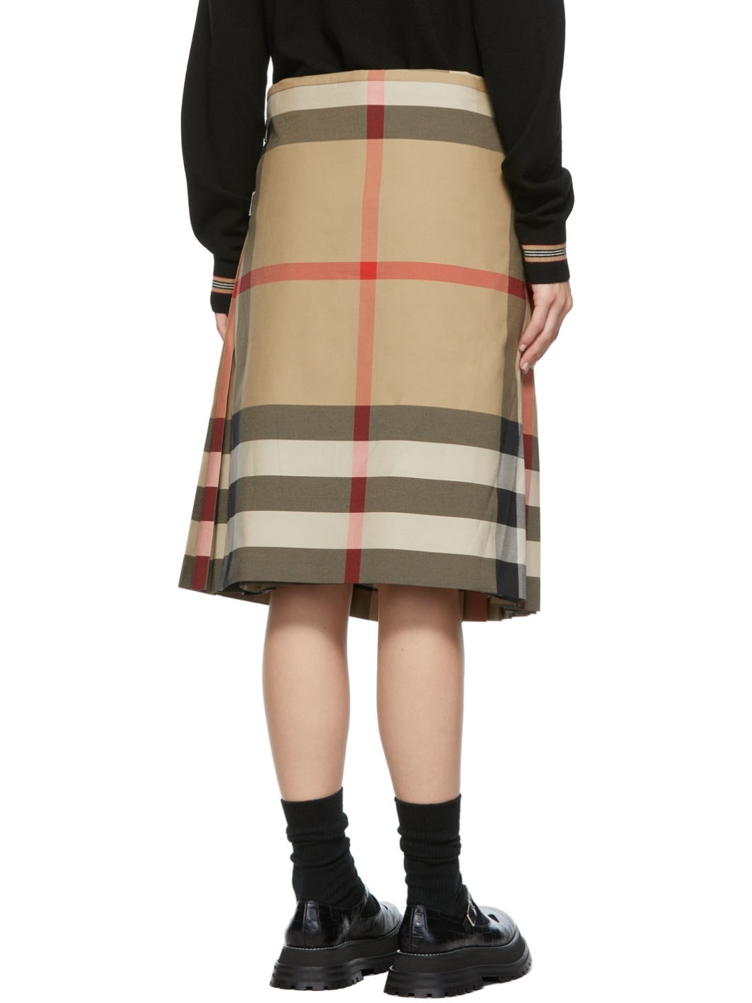 Beige Pleated Check Skirt - 3