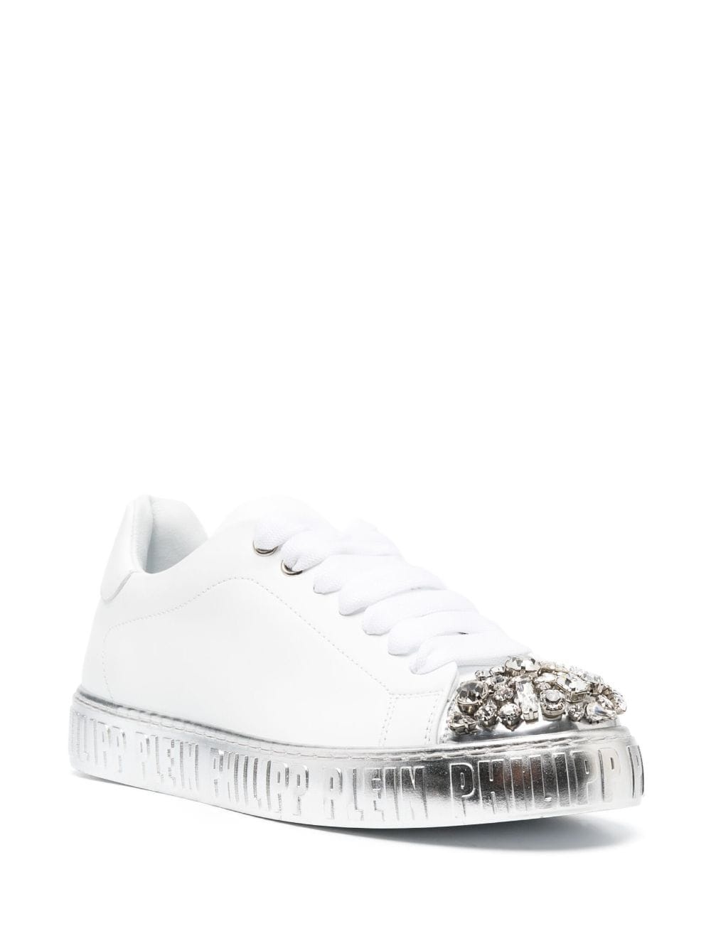 crystal-embellished lace-up leather sneakers - 2
