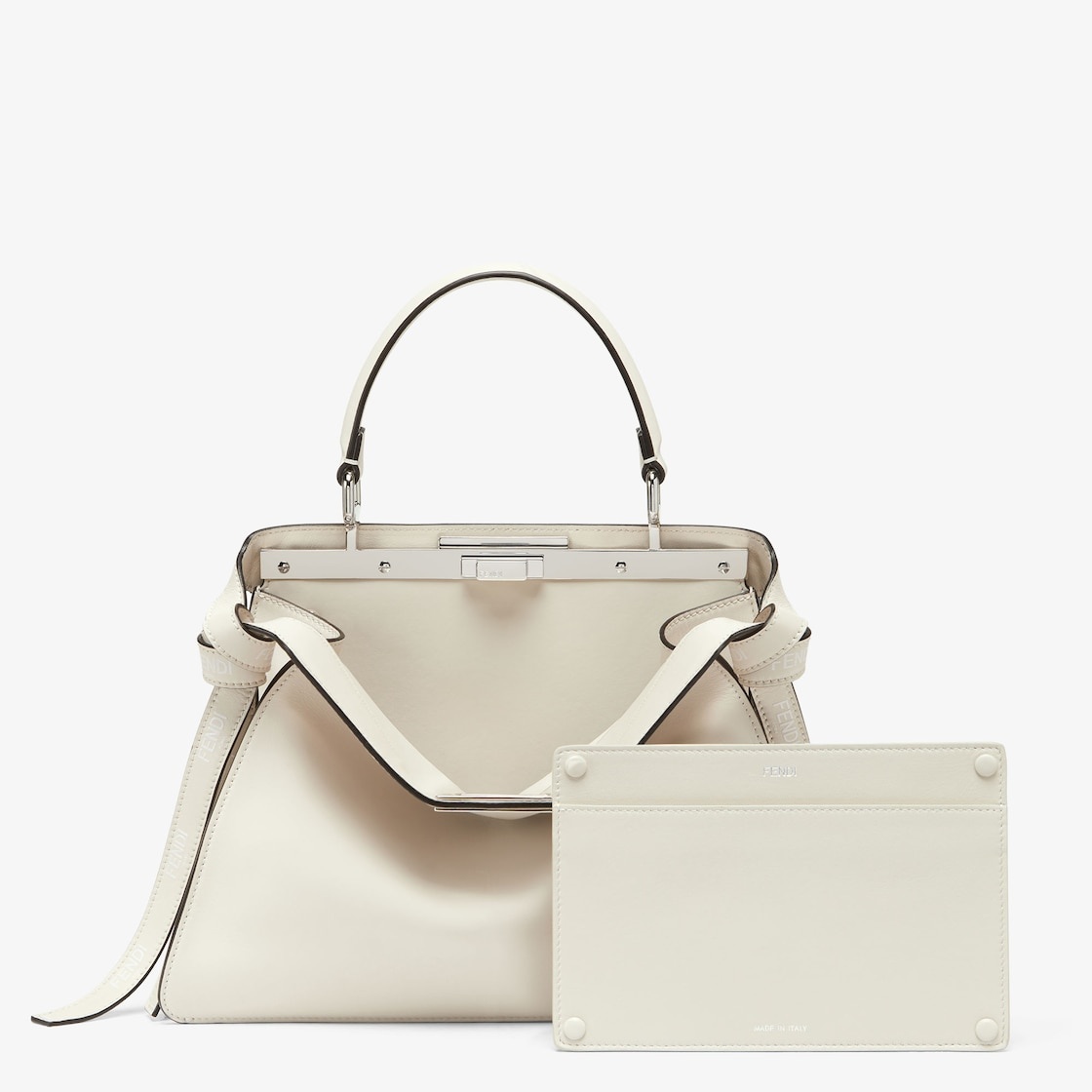 Iconic medium Peekaboo ISeeU bag, made of off-white leather with long knotted side laces, printed wi - 3