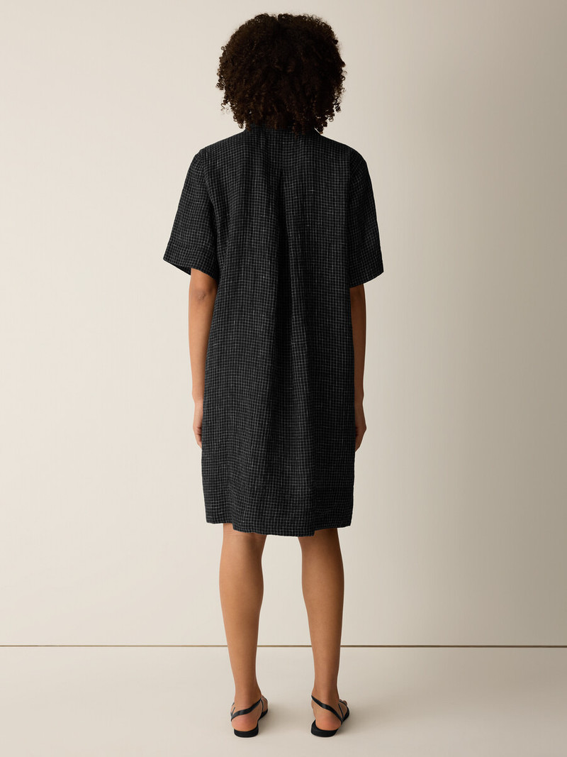 Puckered Organic Linen Grid Classic Collar Dress 4
