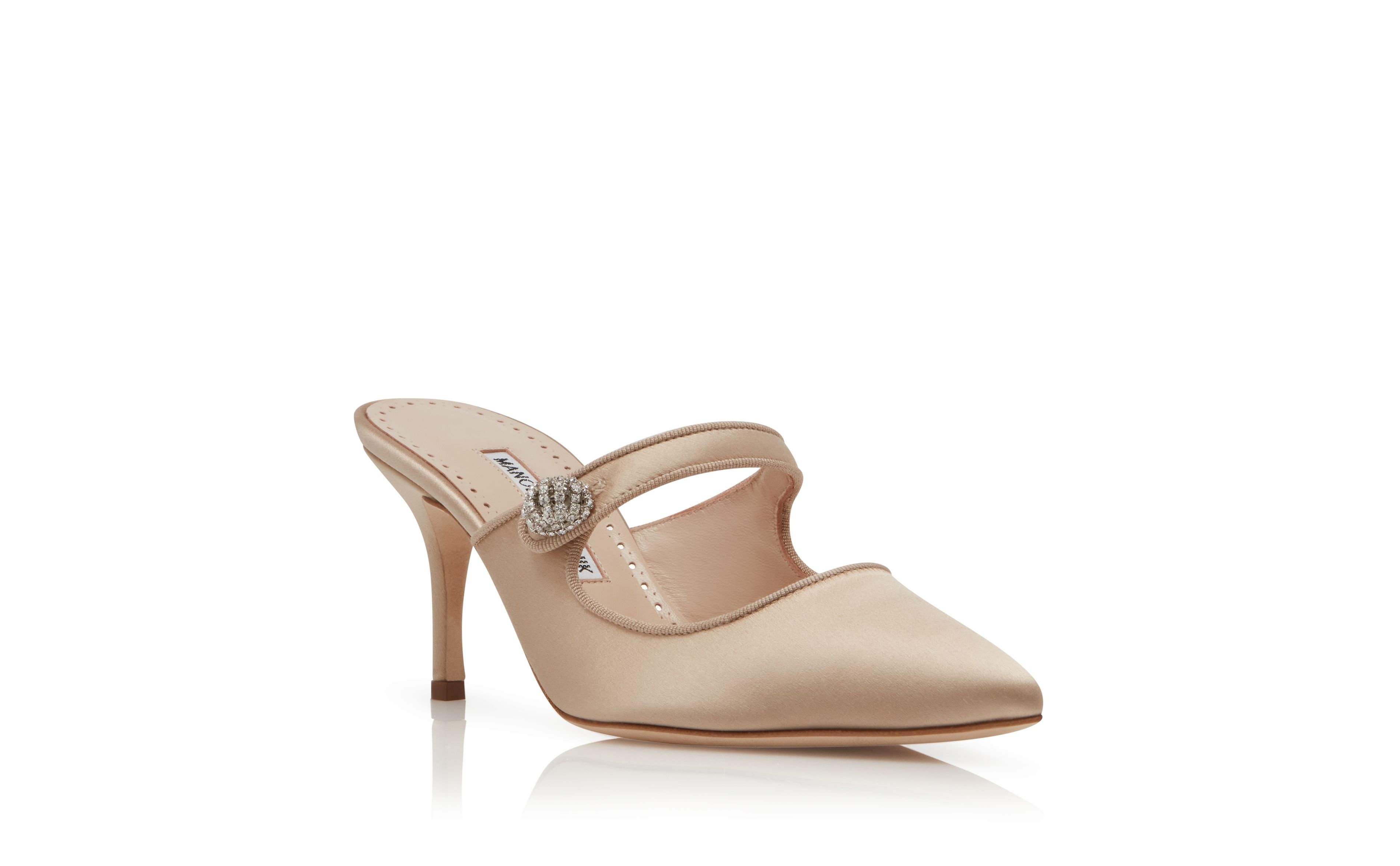 Manolo Blahnik Champagne Satin Mary Jane Mules | REVERSIBLE
