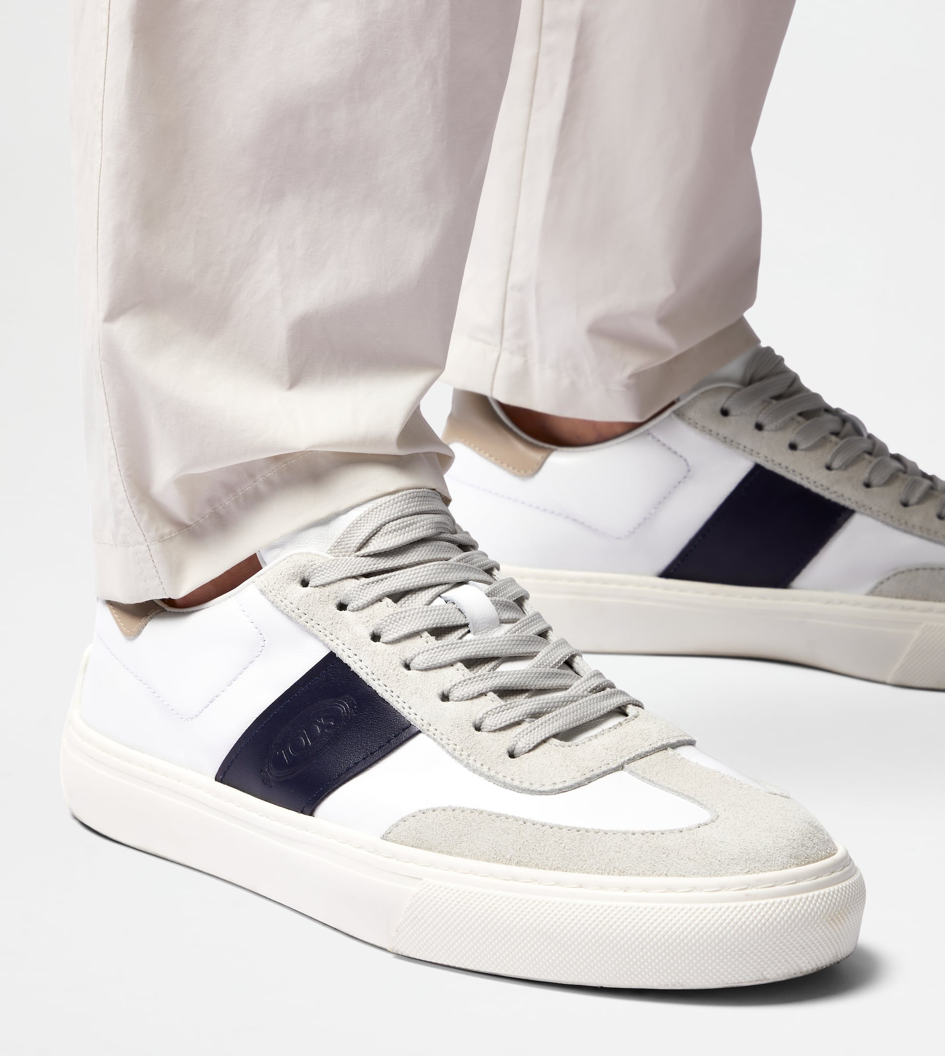 SNEAKERS IN SMOOTH LEATHER AND SUEDE - WHITE, BLUE, BEIGE - 2