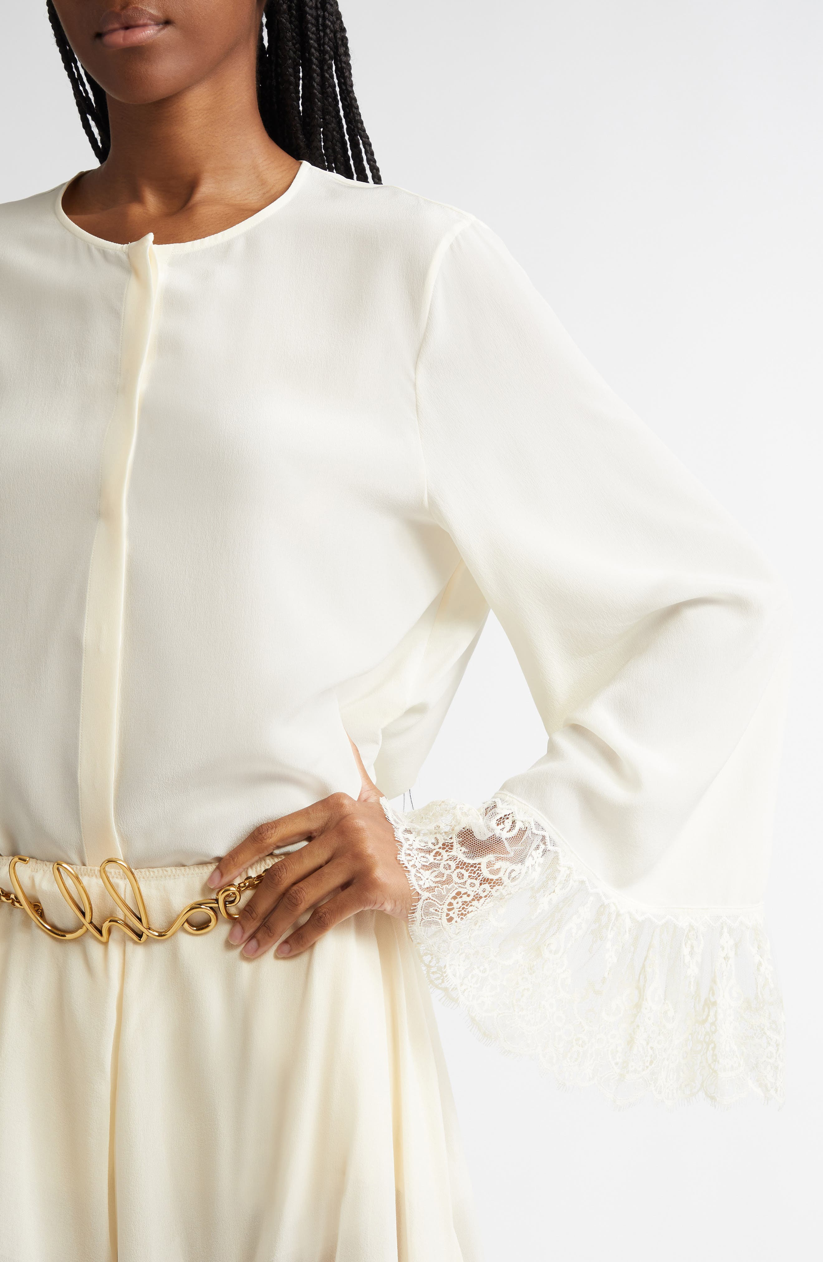 Chloé Lace Cuff Silk Crêpe de Chine Shirt in Coconut Milk at Nordstrom - 5