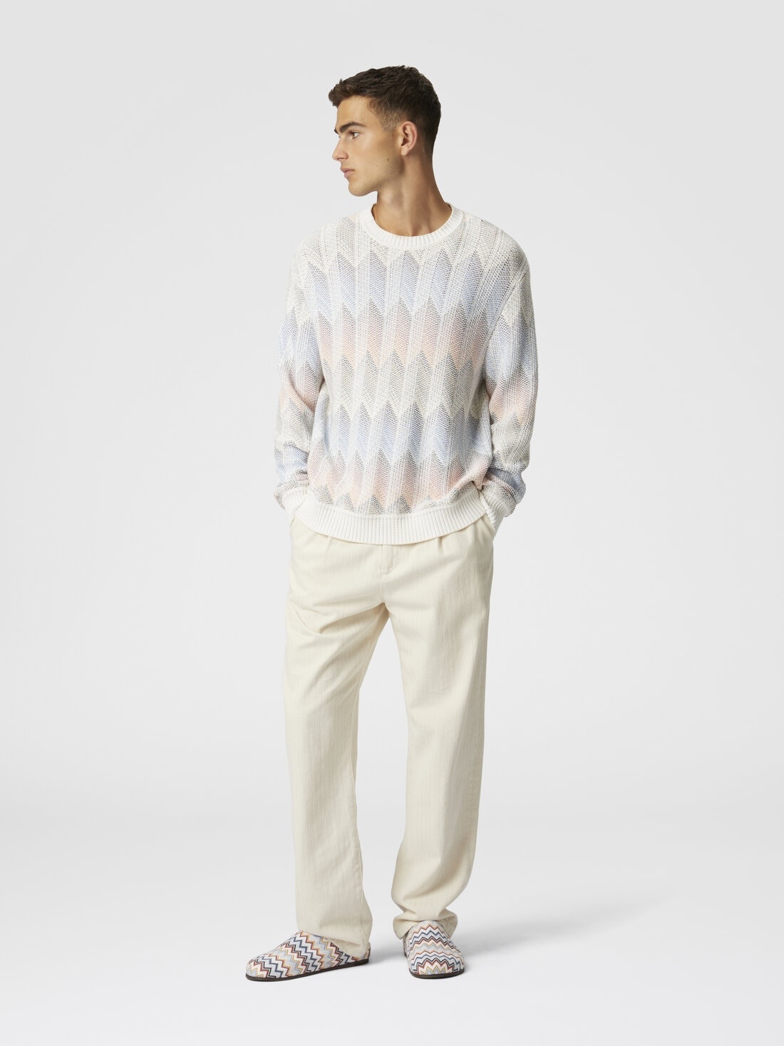 Crewneck sweater in gradient cotton chevron blend with contrasting piping - 2
