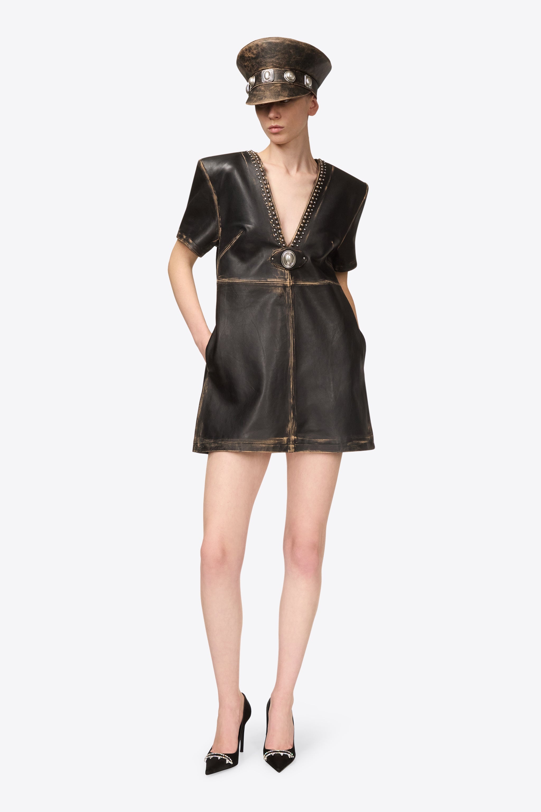 STUDDED LEATHER V-NECK T-SHIRT DRESS - 4