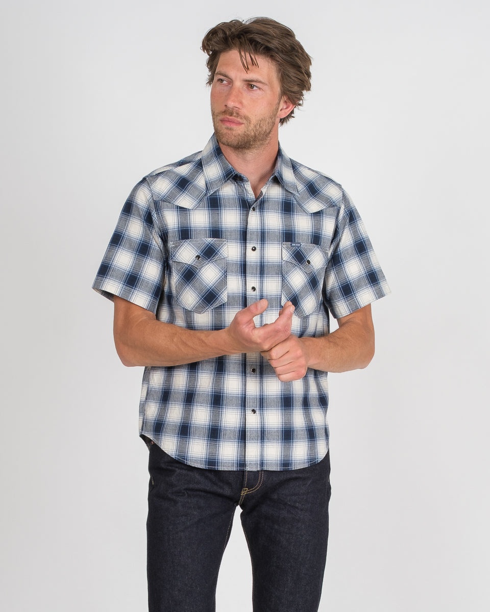 5OZ SELVEDGE SHORT SLEEVED MADRAS CHECK WESTERN SHIRT - BLUE - 2