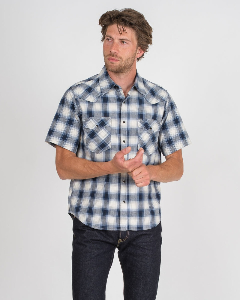 Iron Heart 5OZ SELVEDGE SHORT SLEEVED MADRAS CHECK WESTERN SHIRT - BLUE outlook