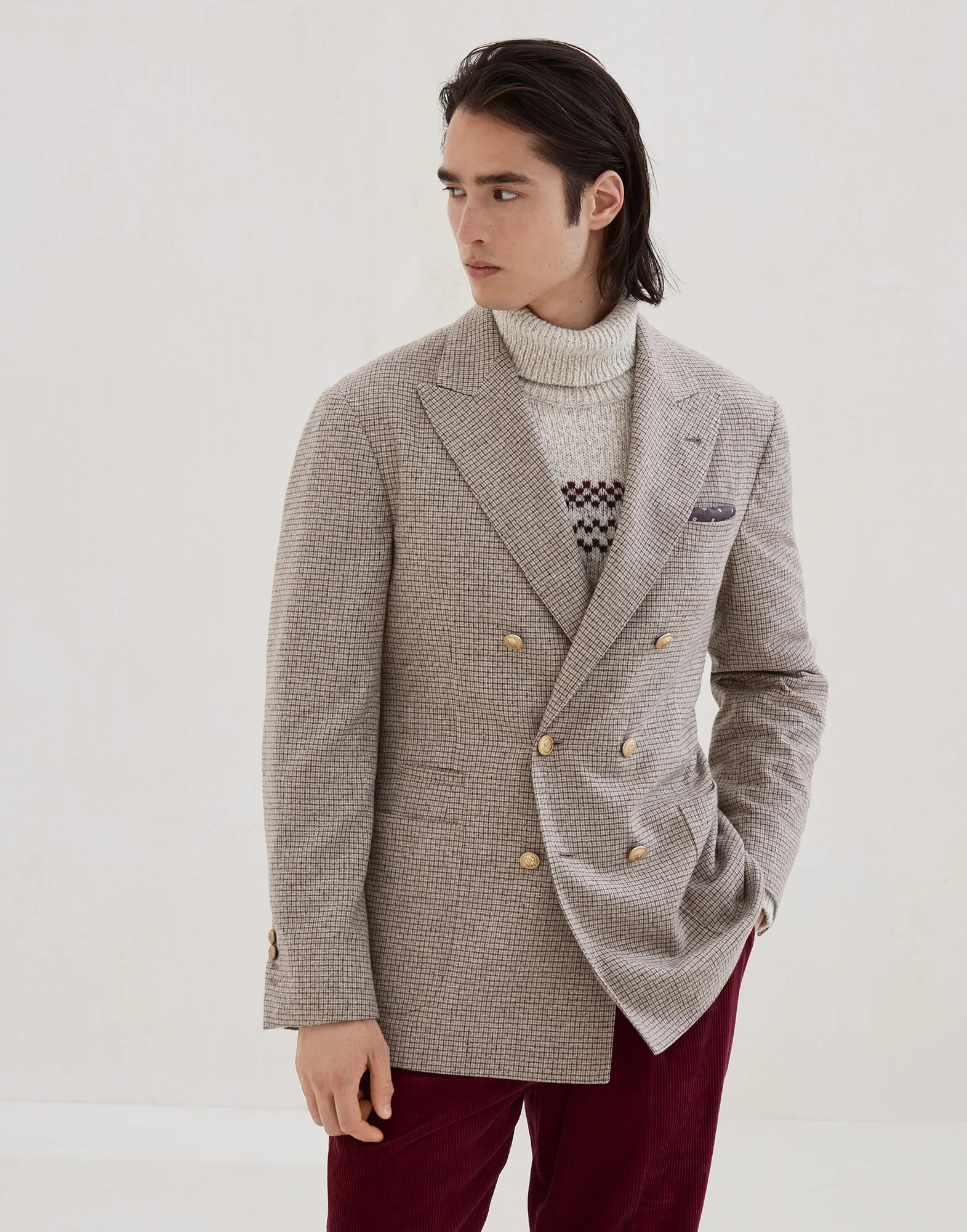 Flecked silk, wool and cashmere checked flannel one-and-a-half breasted deconstructed blazer with pa - 1
