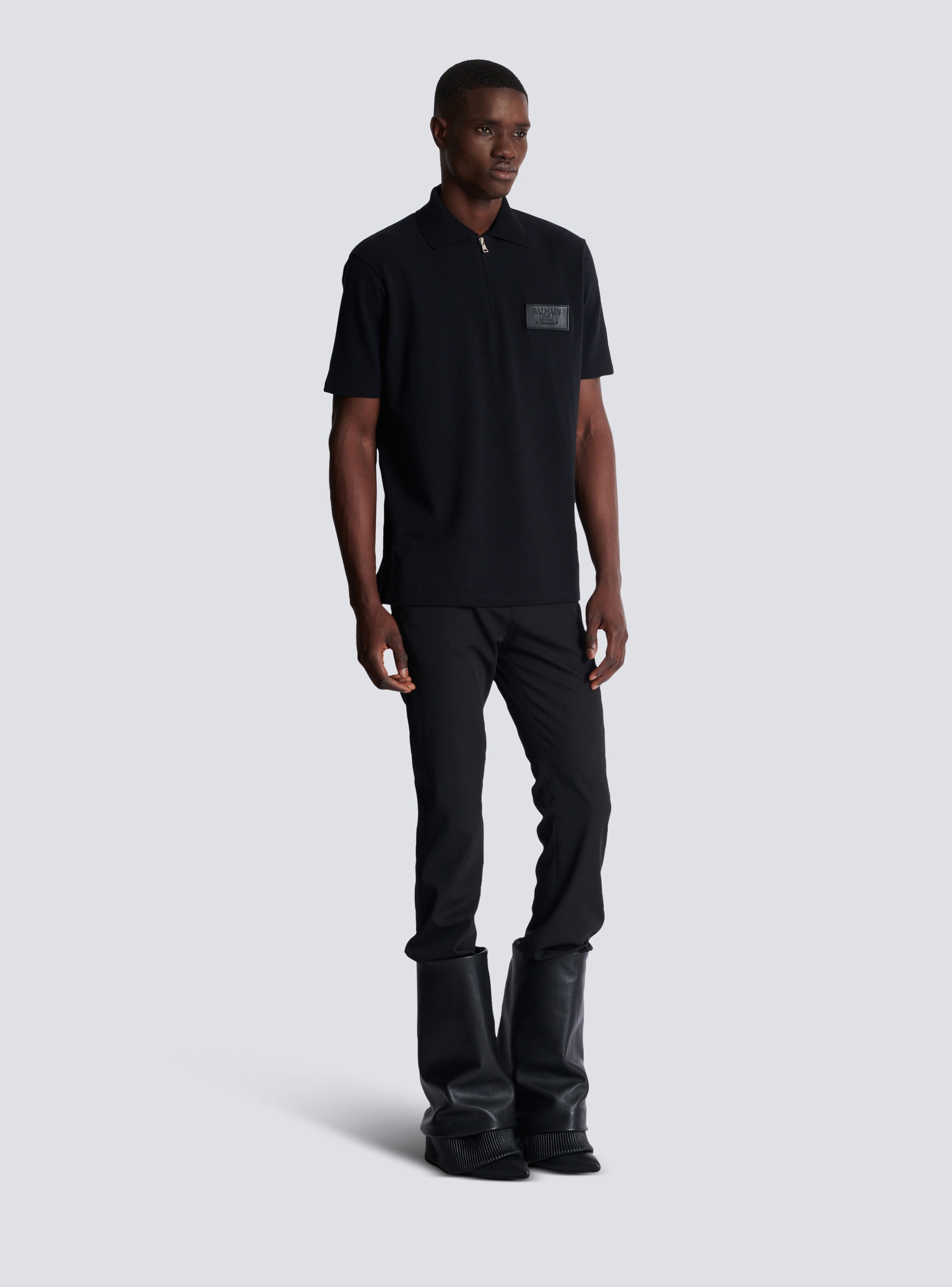 Cotton polo shirt with leather Balmain Couture label - 3