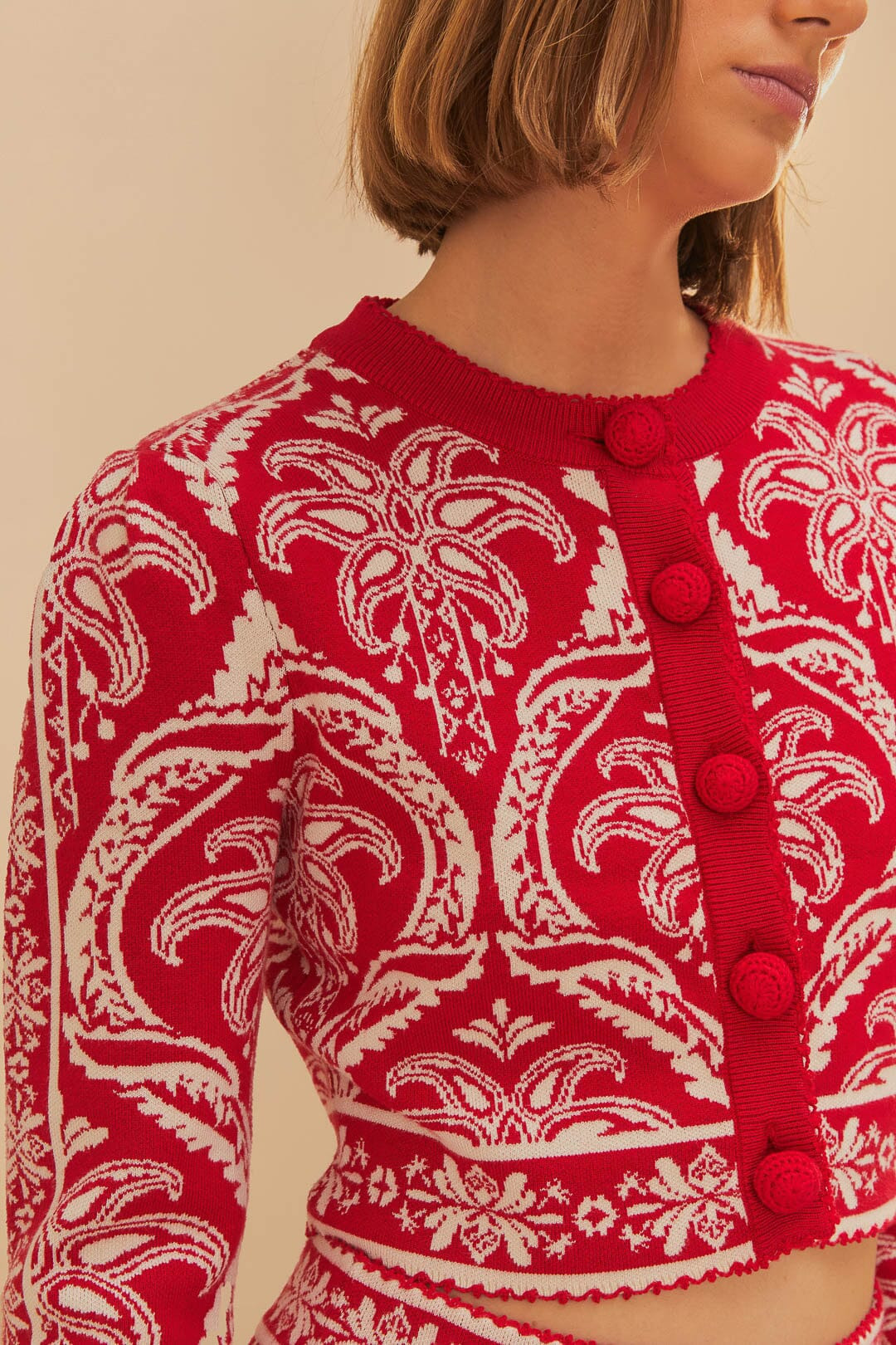Red Tropical Jacquard Knit Cardigan - 2