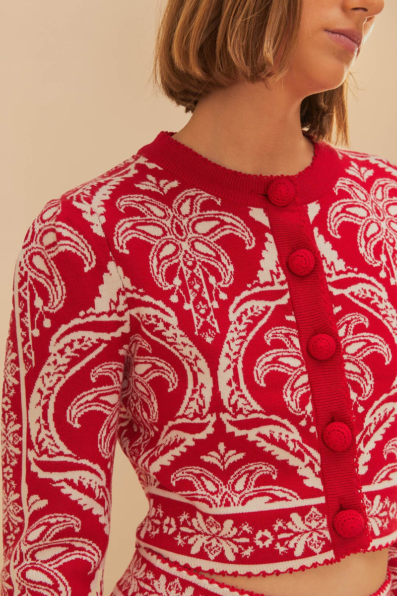 FARM RIO Red Tropical Jacquard Knit Cardigan outlook