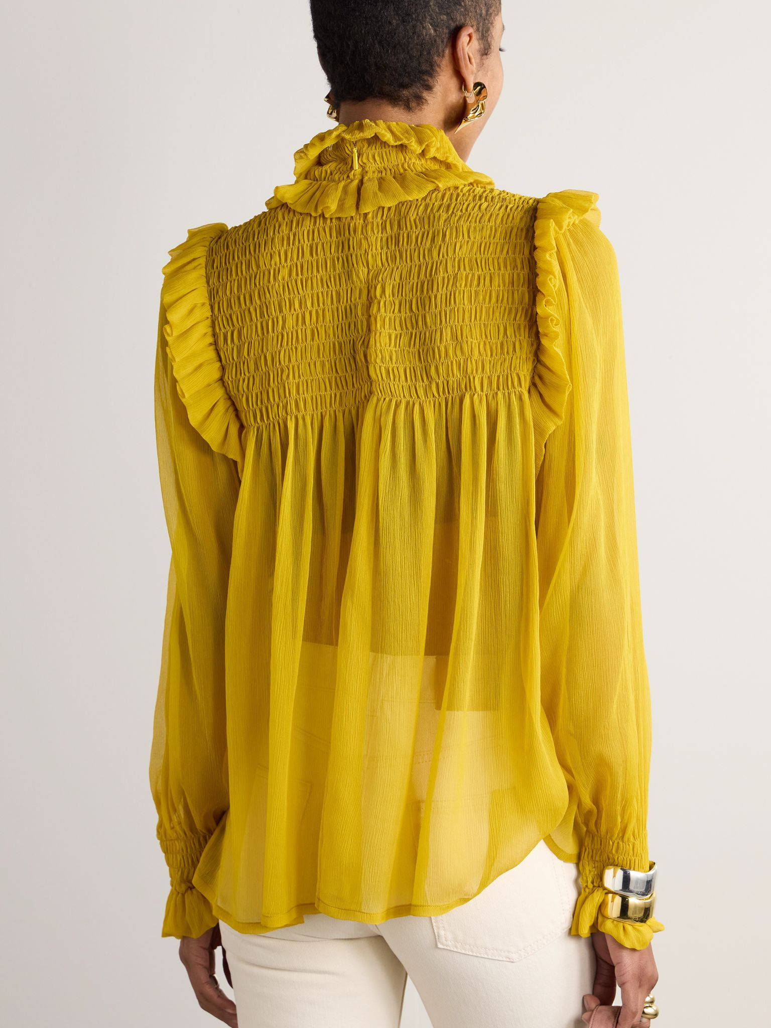 Smocked ruffled silk-crepon blouse Yellow - 4