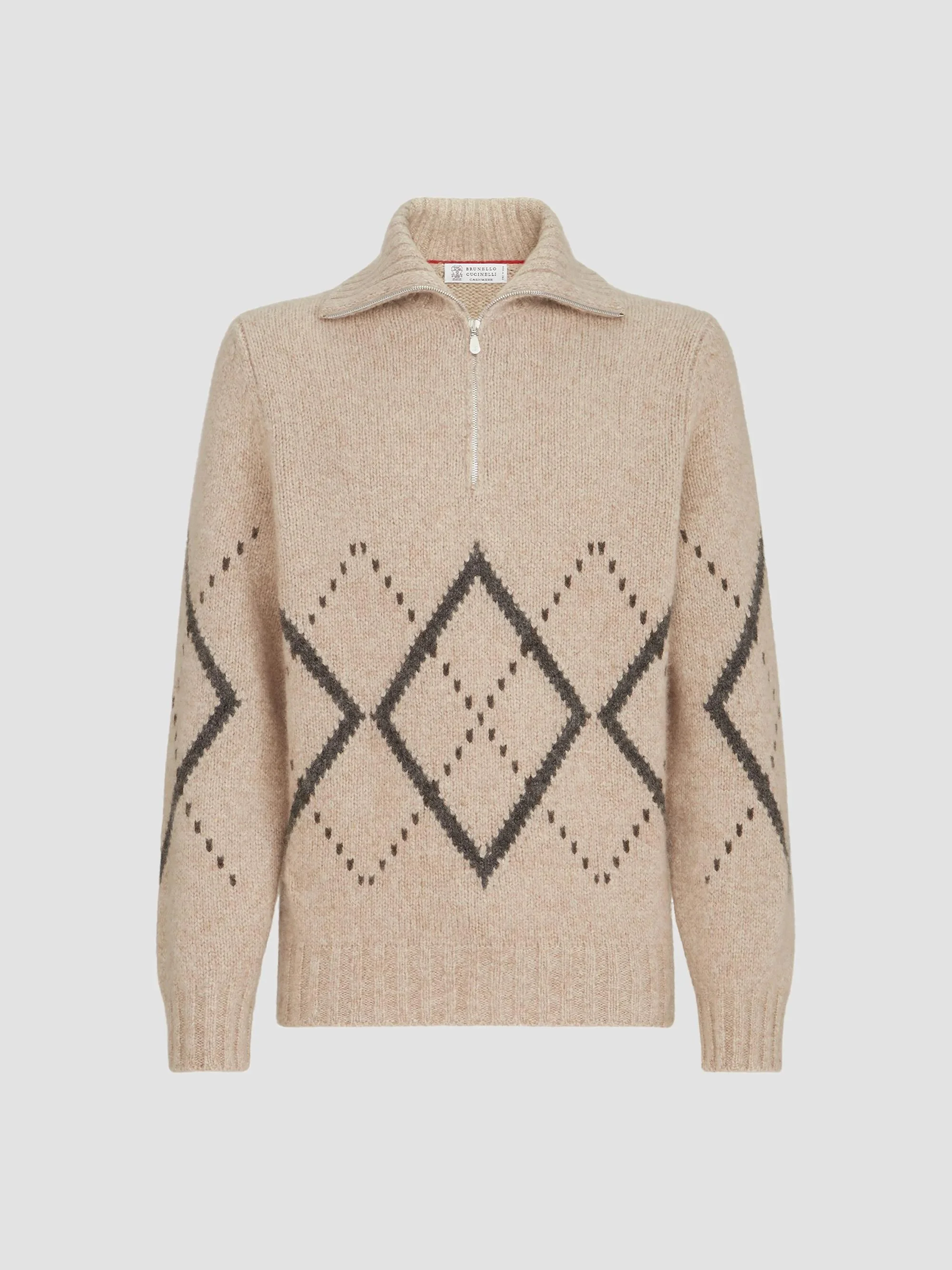 Men's Cashmere Sweater with Argyle Intarsia and Half Zip - Light Brown - 1