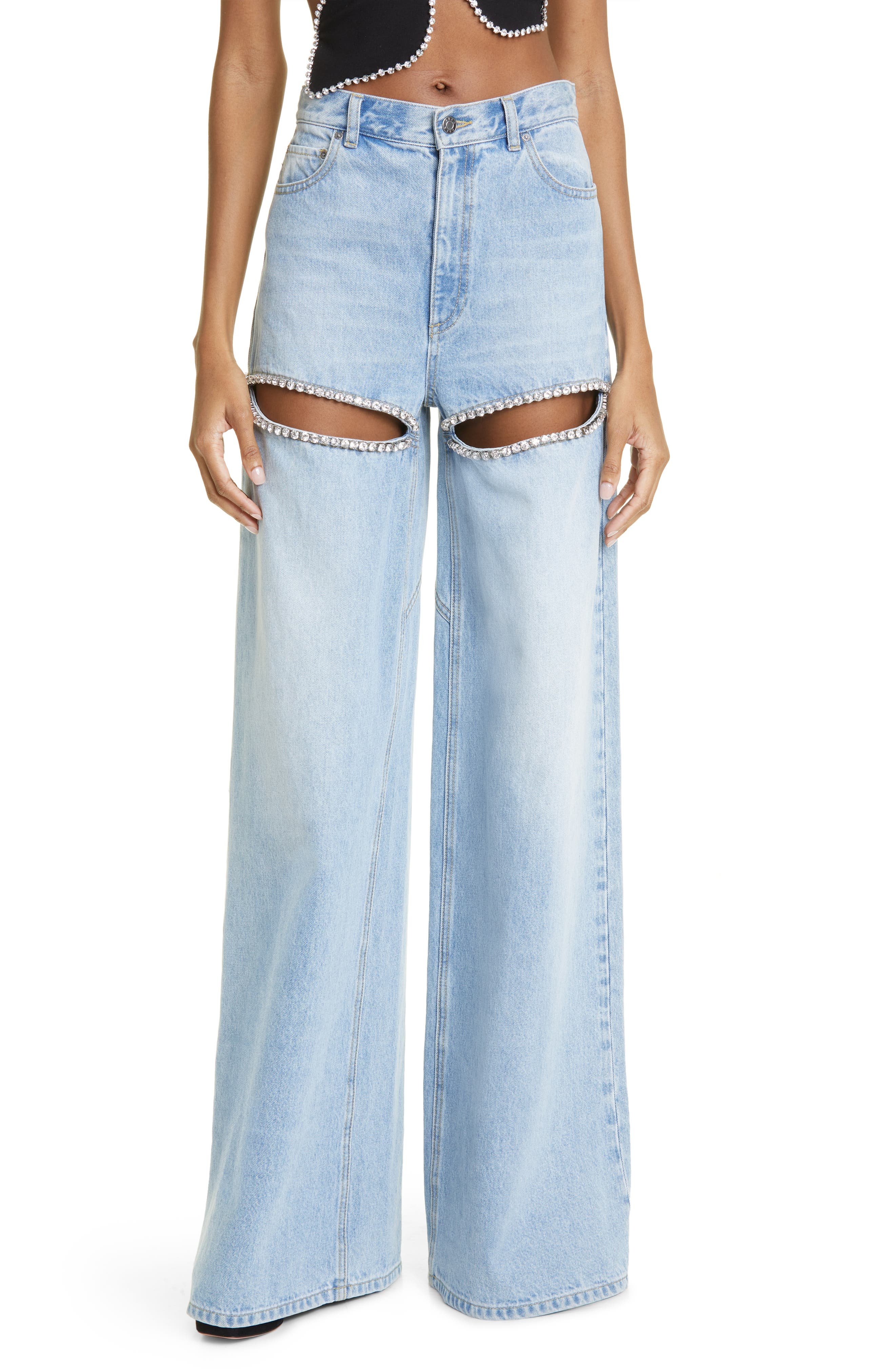 Area Crystal Slit Cotton Denim Wide Legs Jeans in Light Blue at Nordstrom - 1