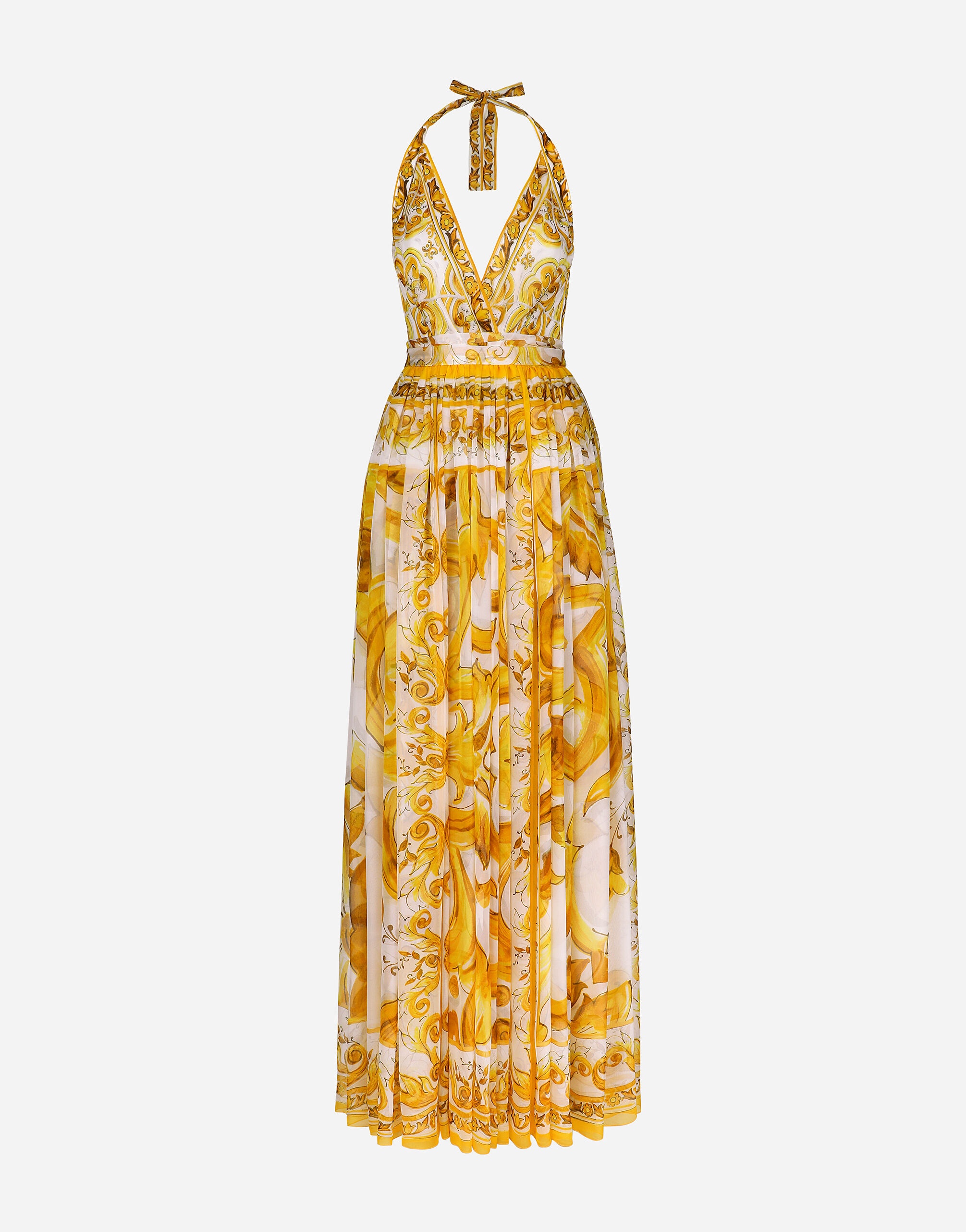 Long sleeveless silk chiffon dress with majolica print - 1