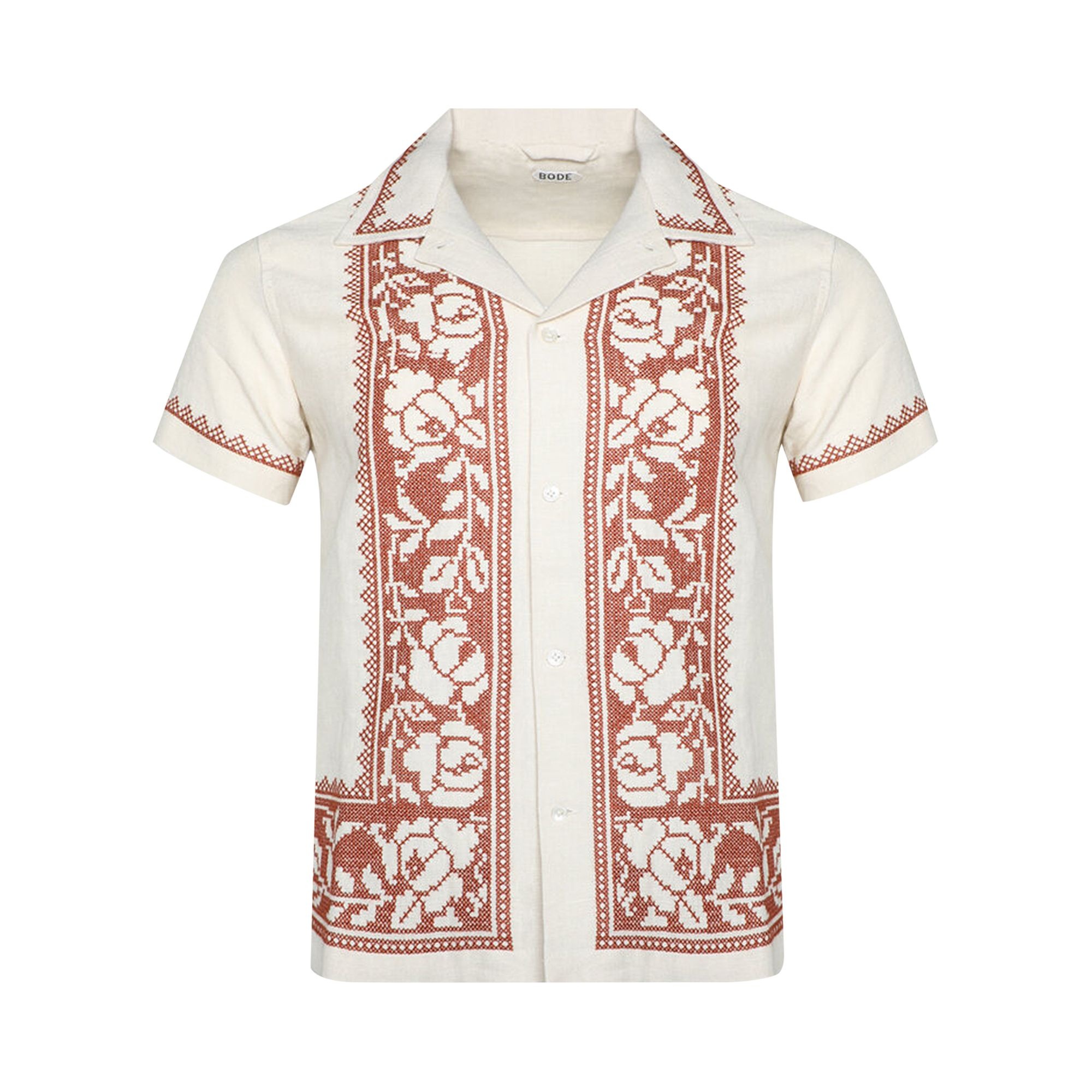 Bode Cross Stitched Rose Garland Short-Sleeve Shirt 'Brown/White' - 1