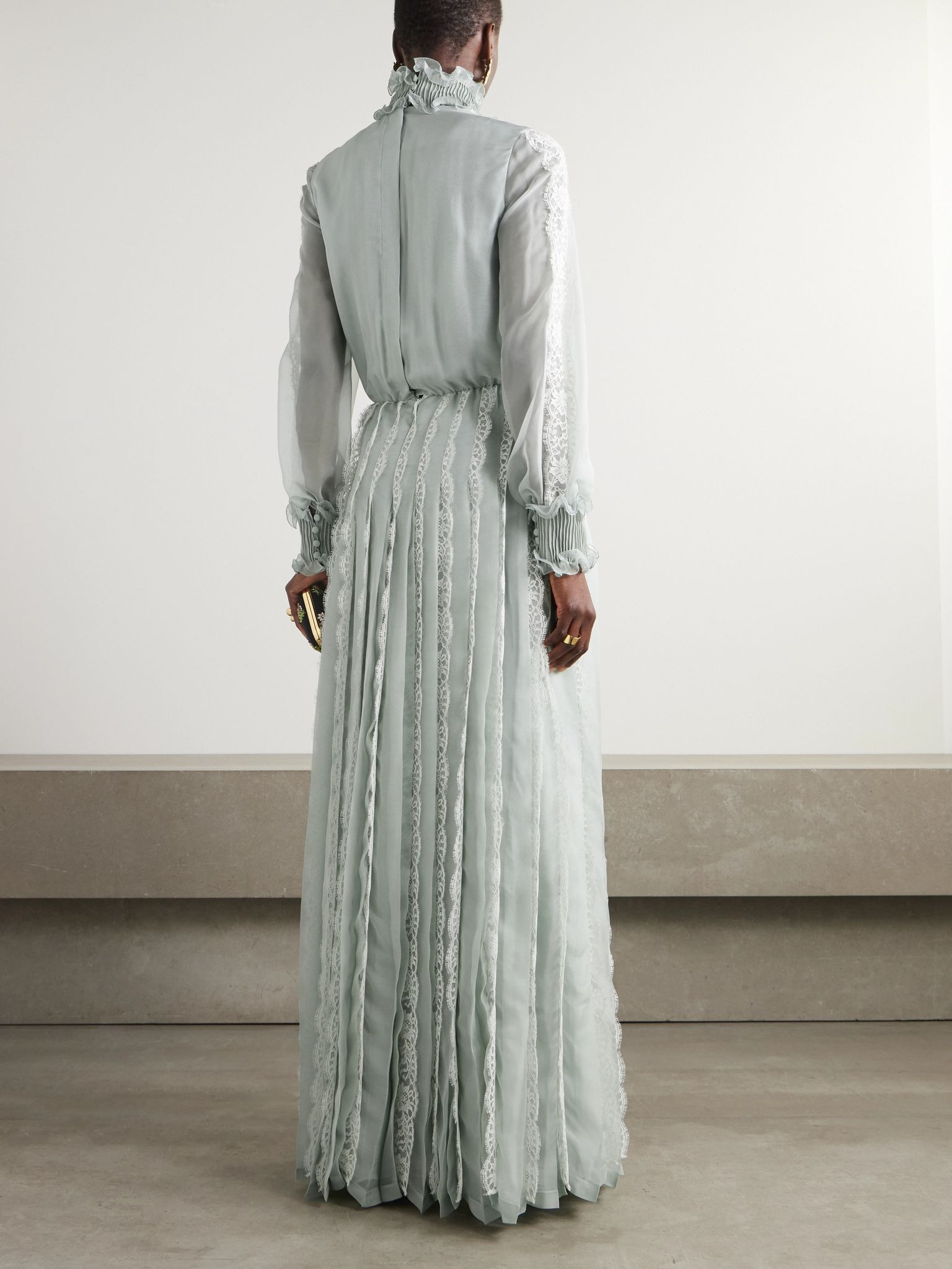 Ruffled lace-trimmed pleated silk-chiffon gown Blue - 3