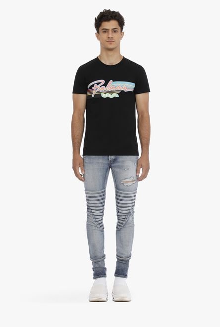 EXCLUSIVE - Black cotton T-shirt with multicolor Balmain Paris logo - 4
