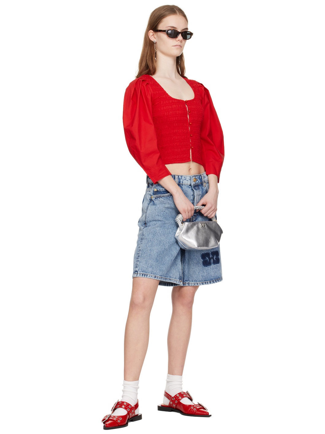 Red Smocked Blouse - 4