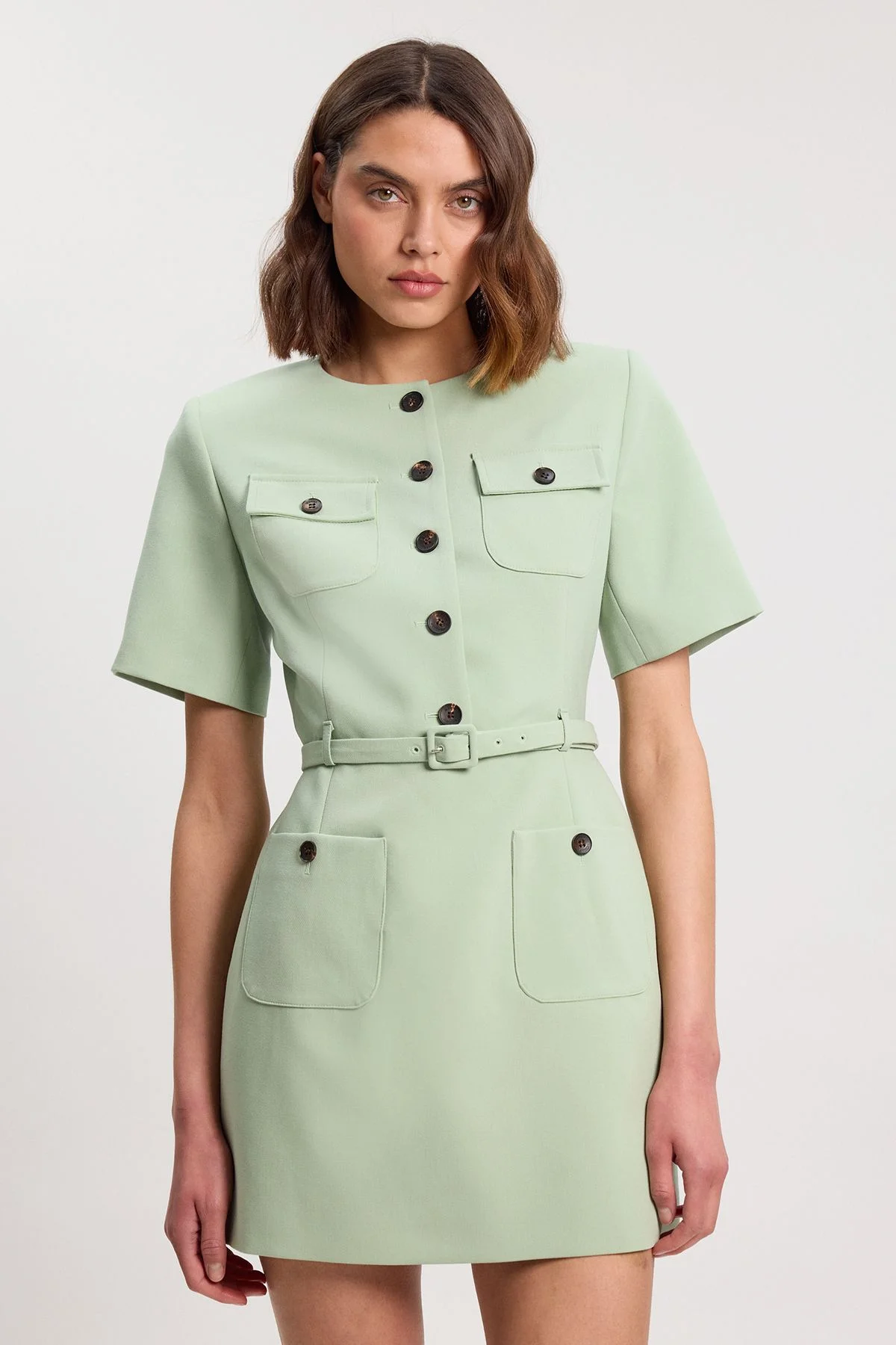 Compact Stretch Button Detail Mini Dress - 1