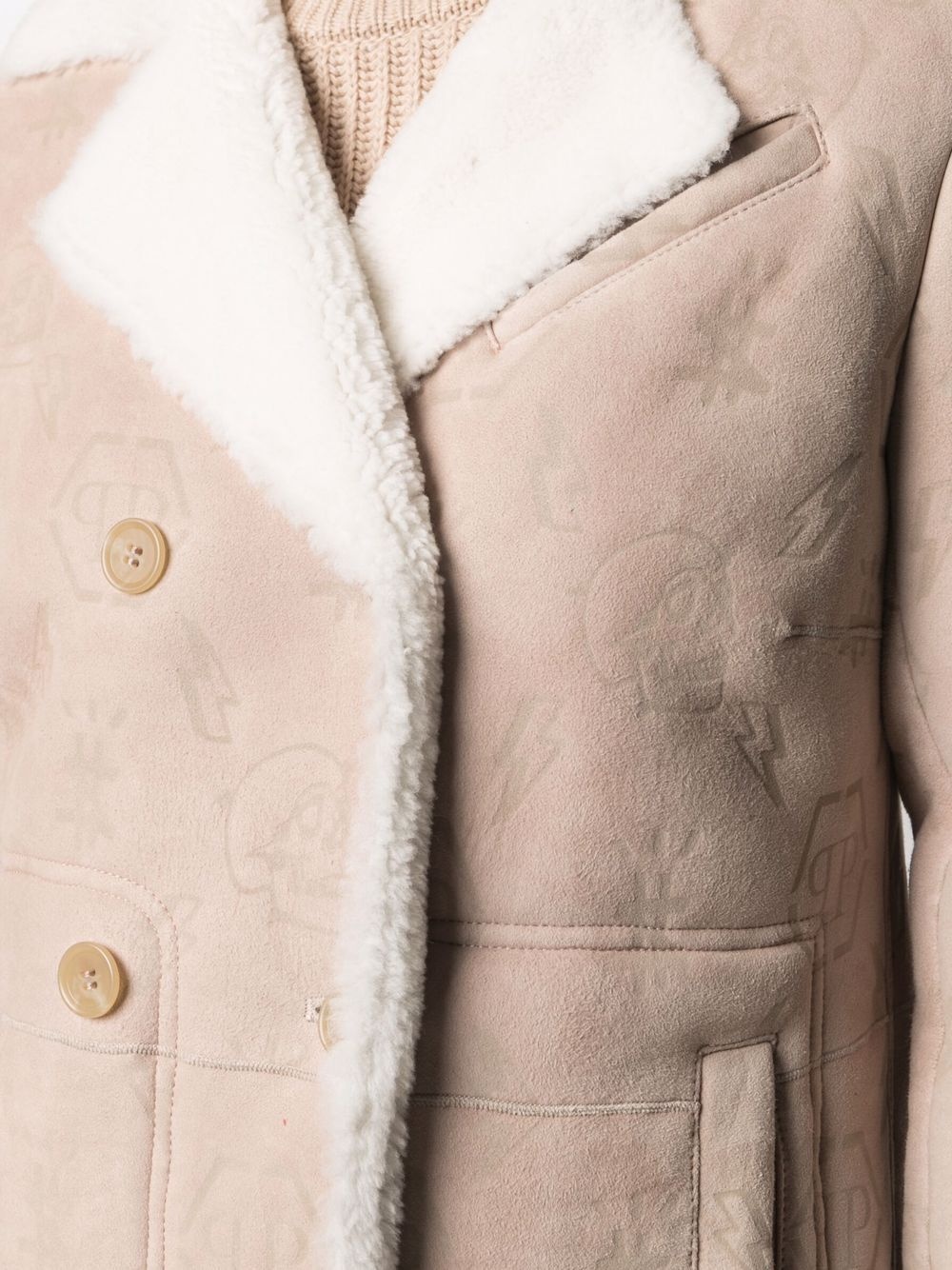 monogram-embossed long shearling coat - 5