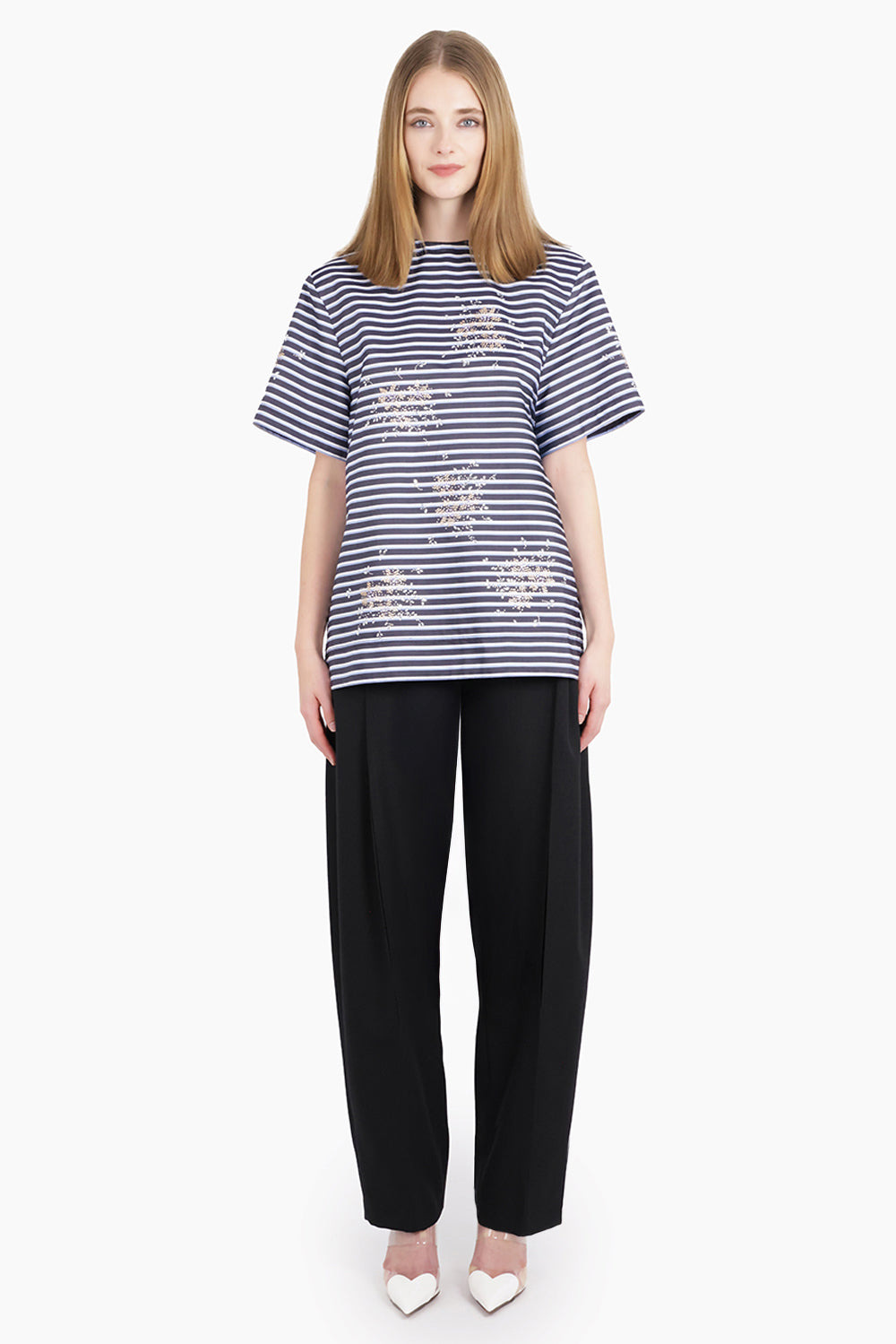 BACKLESS STRIPE S/S T-SHIRT WITH SILVER MOTIF | BLUE/WHITE - 2
