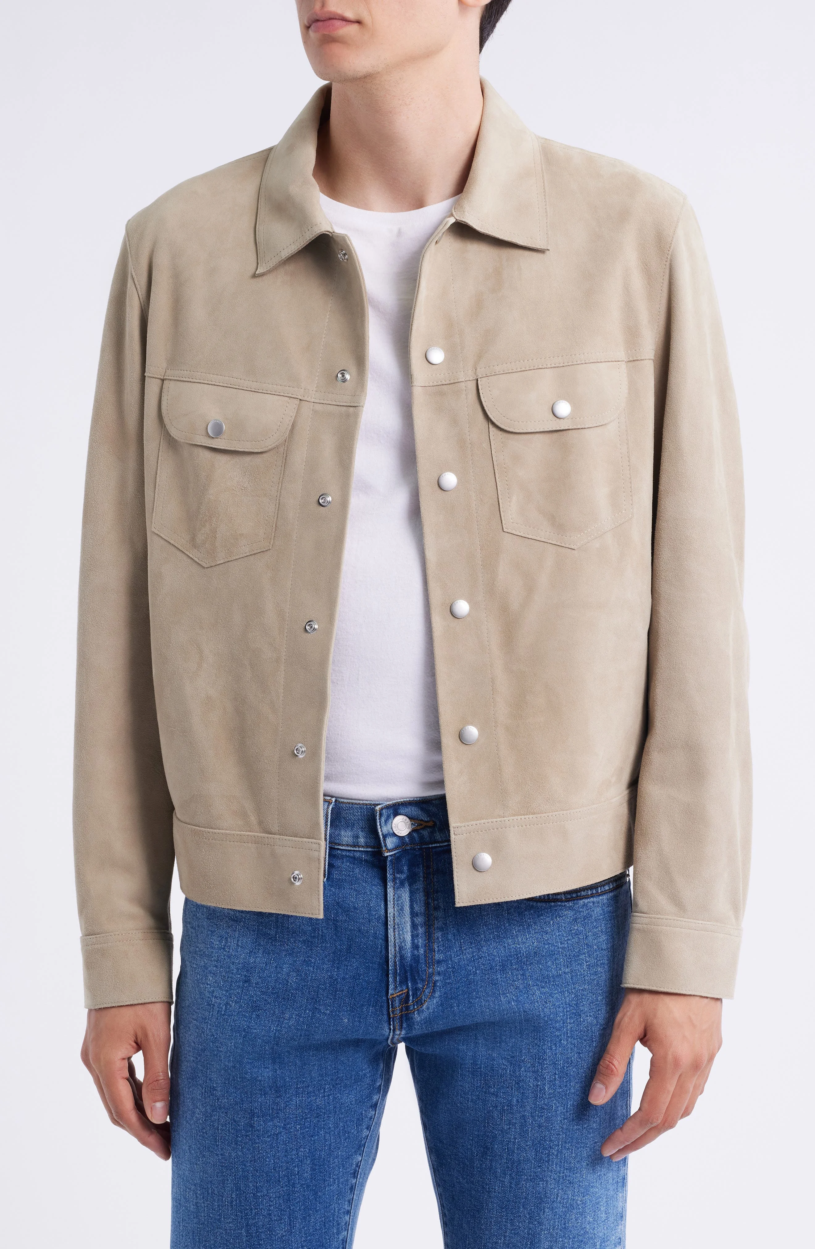 FRAME Suede Trucker Jacket in Oxford Beige at Nordstrom - 1