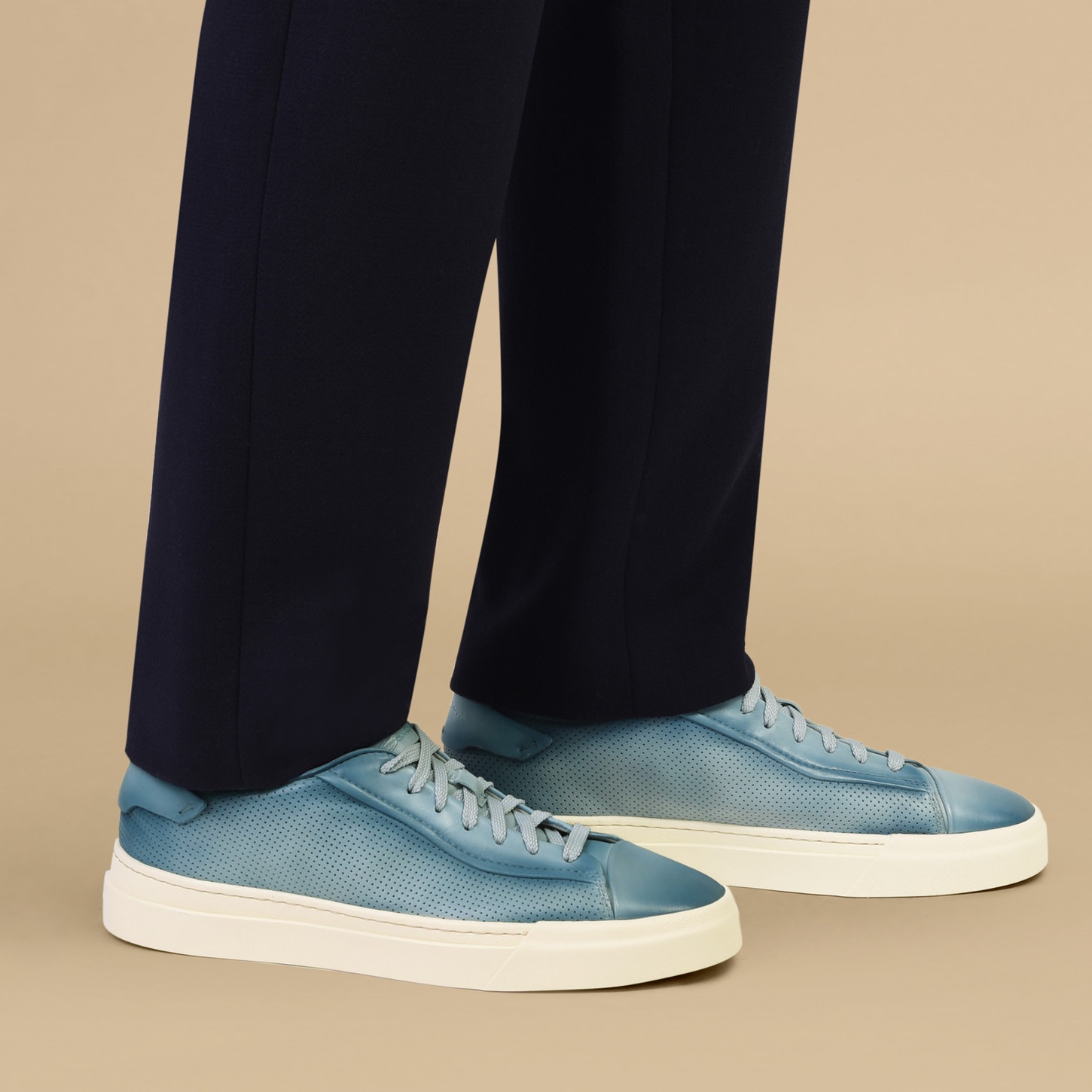 Men's polished light blue leather perforated-effect sneaker - 2