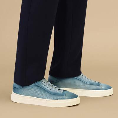 Santoni Men's polished light blue leather perforated-effect sneaker outlook