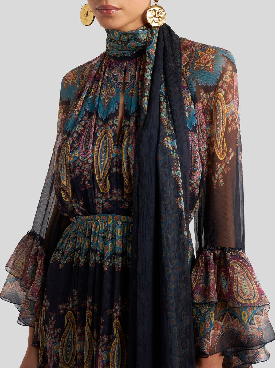 LONG SILK DRESS WITH PLACED PRINT - 2