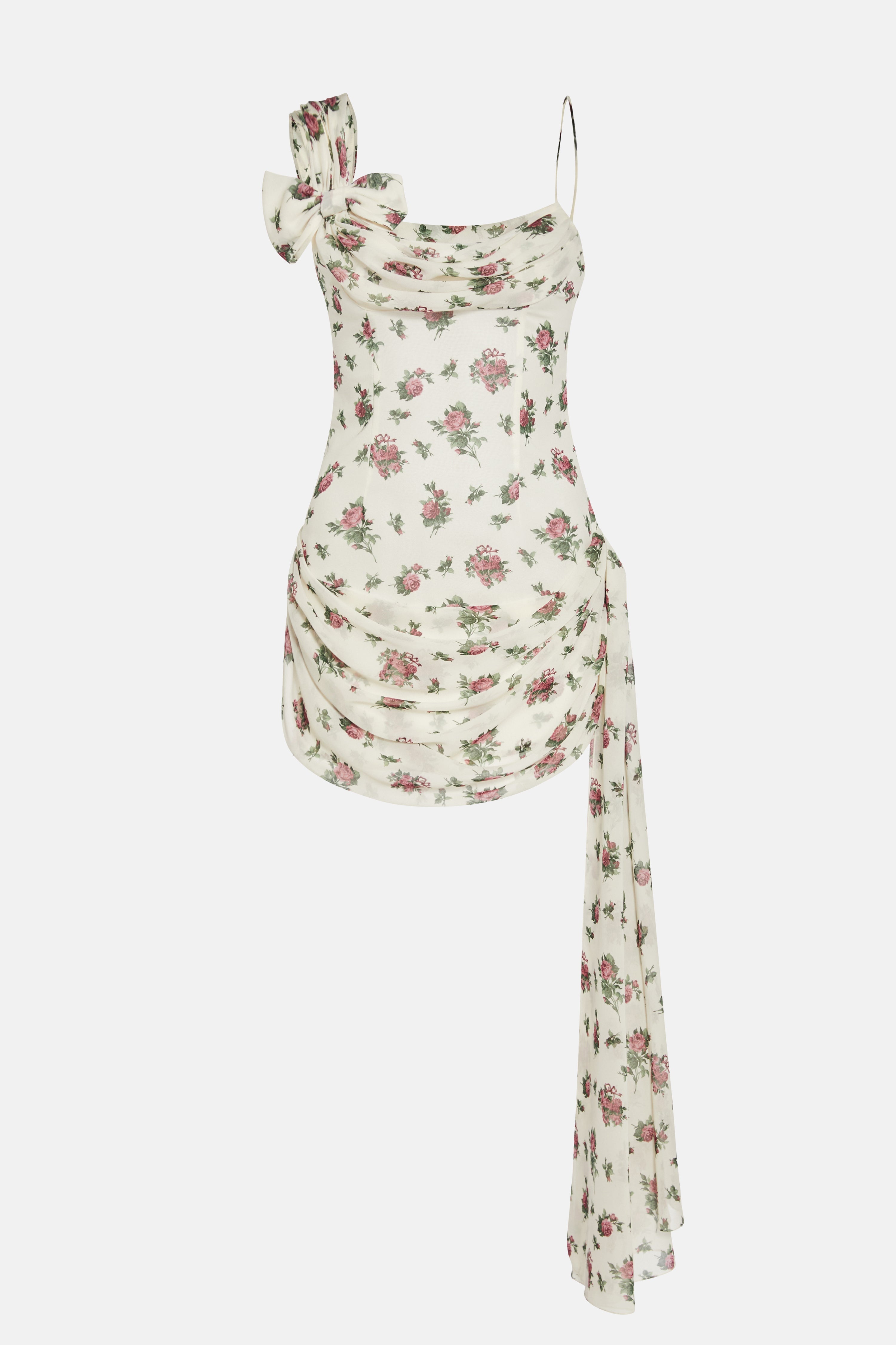 ROSE PRINT SILK GEORGETTE DRAPED MINI DRESS W/ BOW - 1