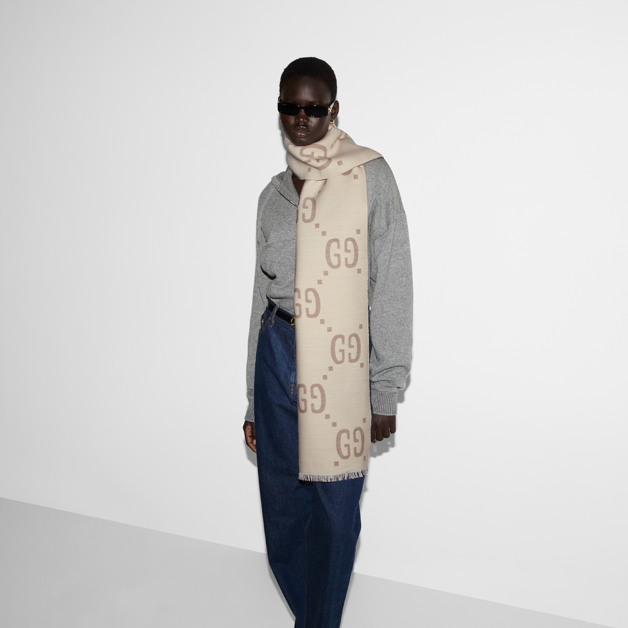 GG jacquard wool silk scarf - 4