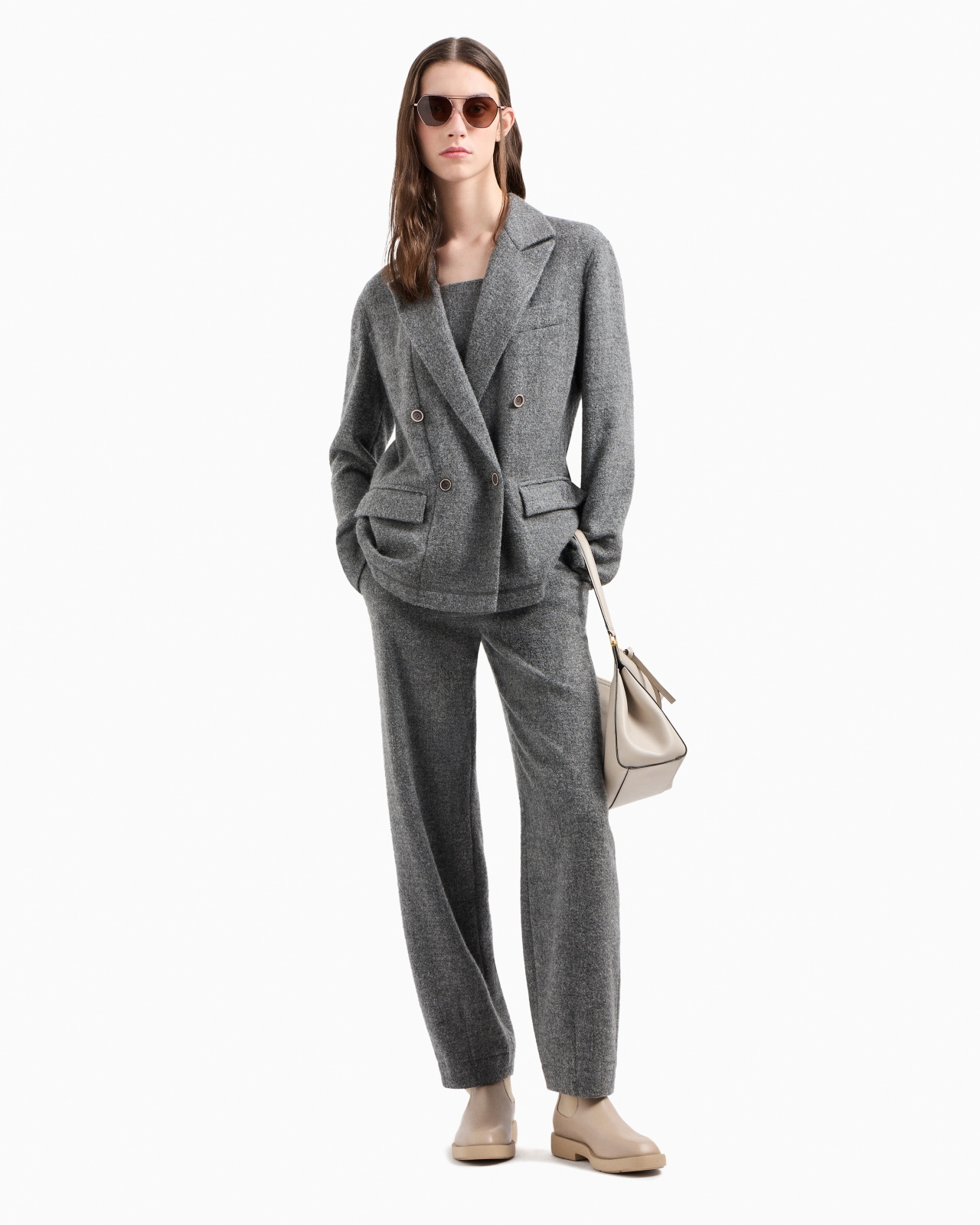 Double-breasted mélange flannel wool-blend jacket with a bib front - 4