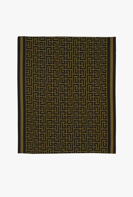Khaki and black wool scarf with Balmain monogram pattern - 1