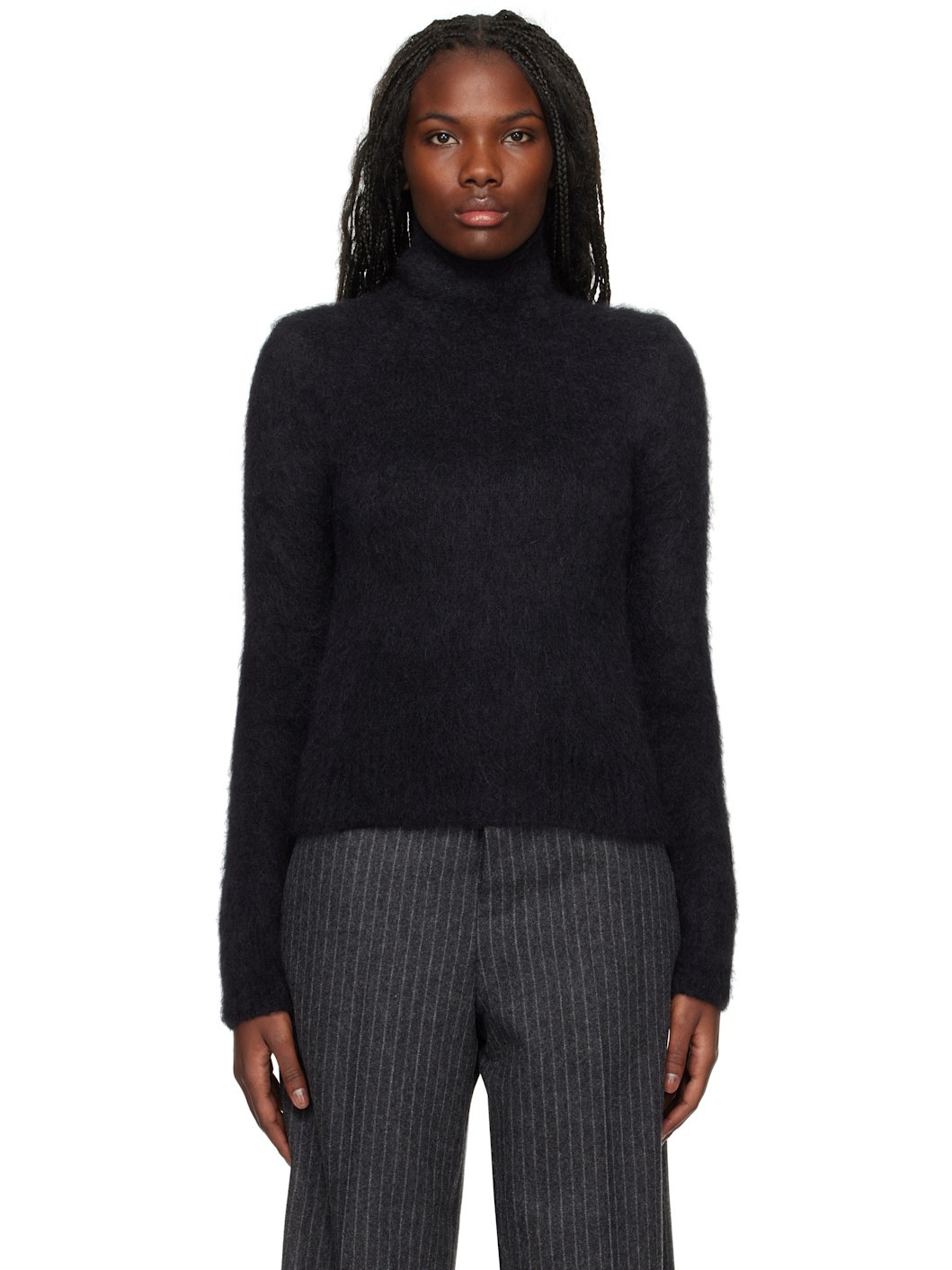 Black Alpaca Mohair Brushed Turtleneck - 1