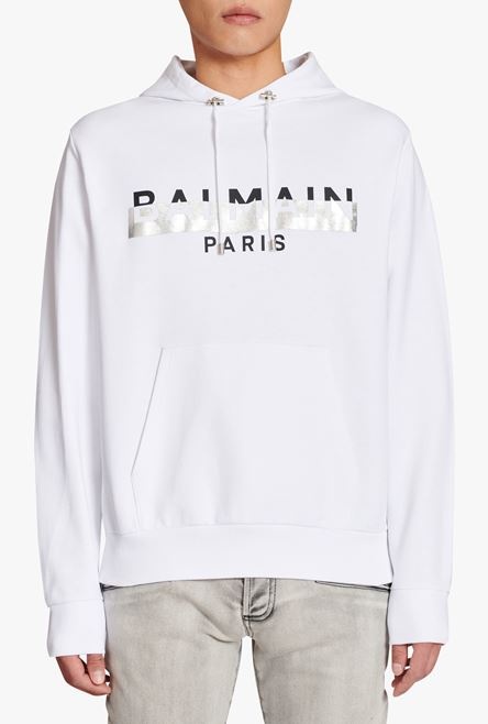 White eco-designed cotton sweatshirt with black and silver Balmain Paris metallic logo print - 4