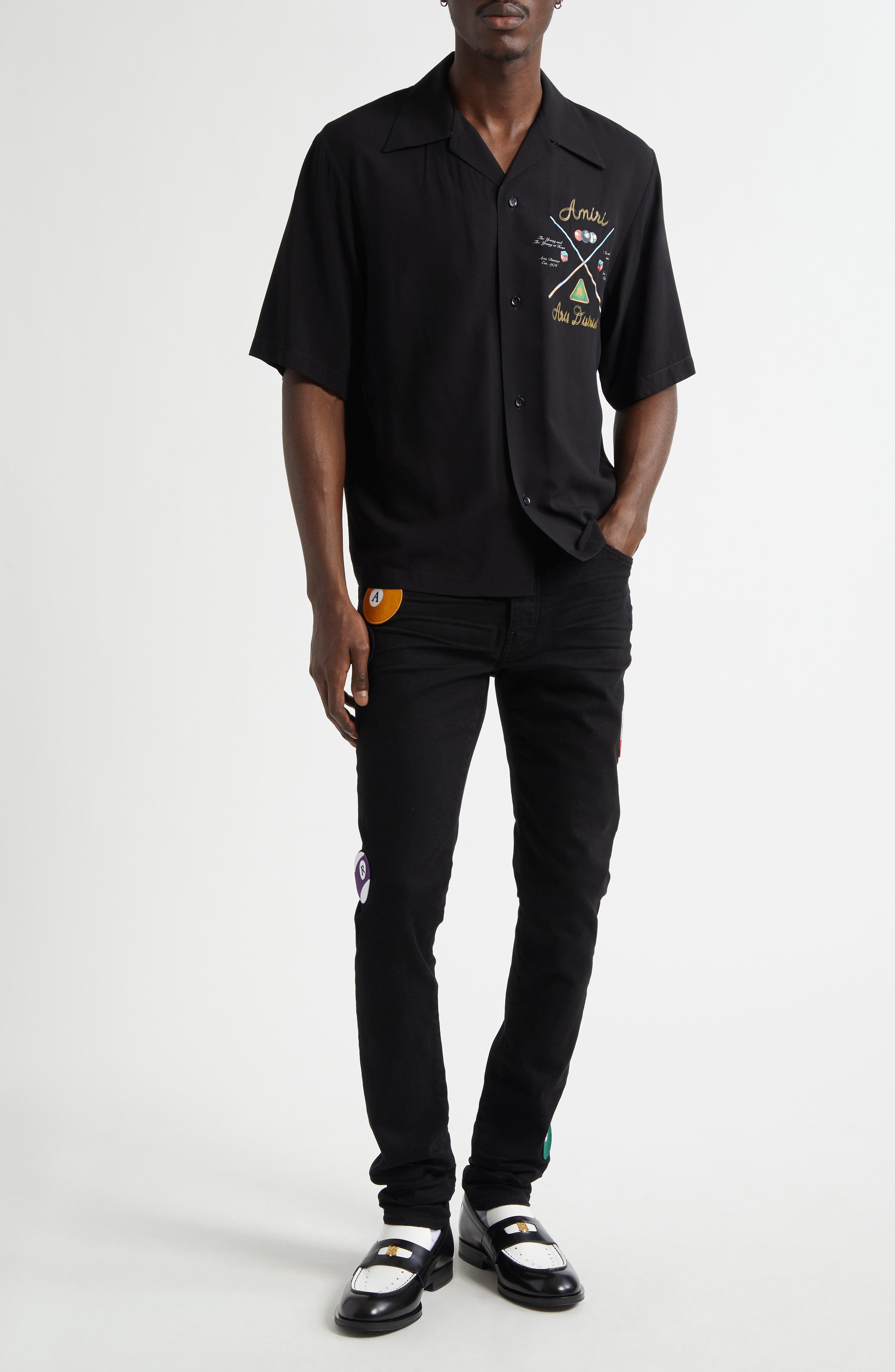 AMIRI Pool Ball Patch Skinny Jeans in Black at Nordstrom - 2