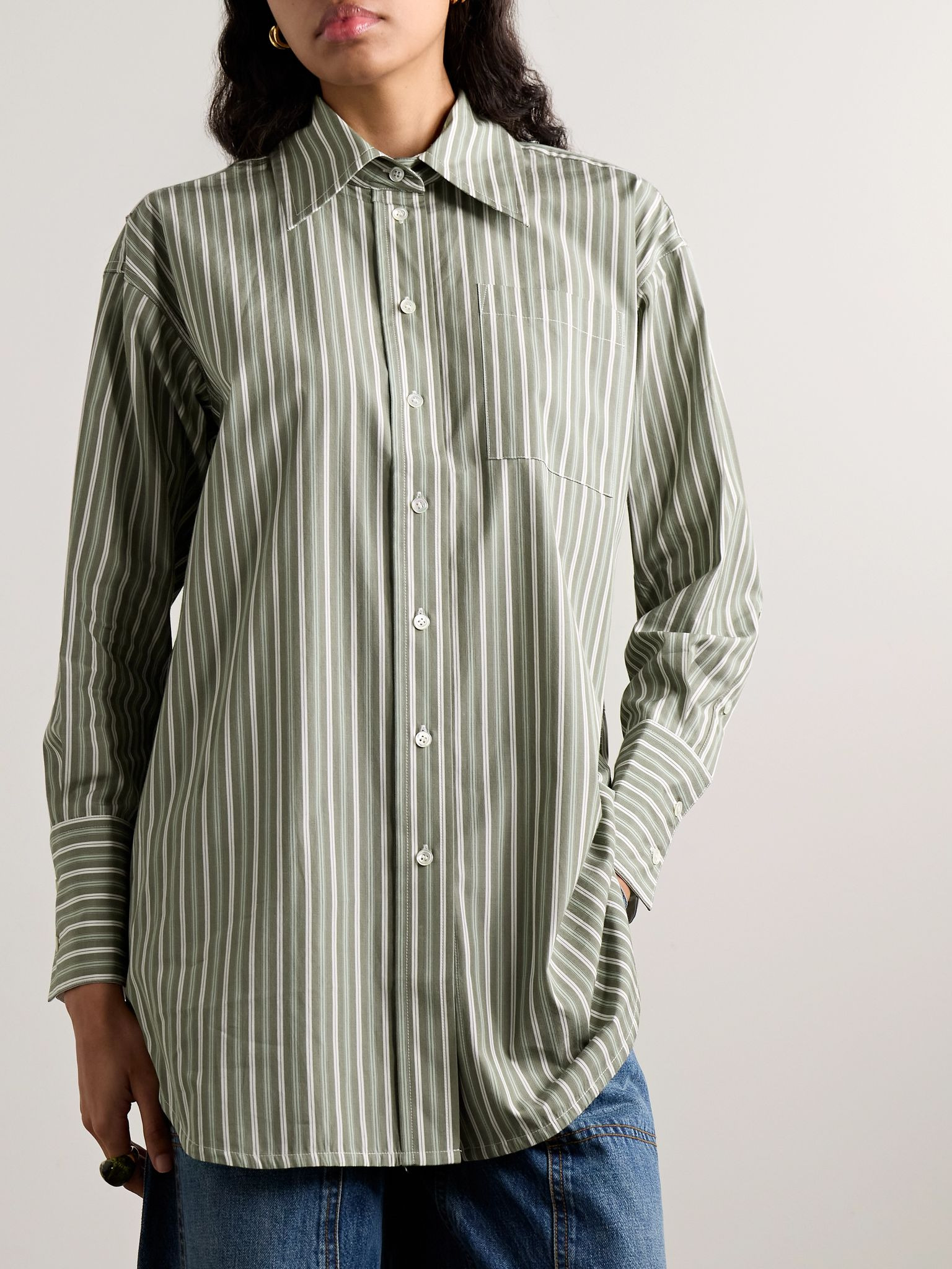 Oversized striped cotton-poplin shirt Green - 3