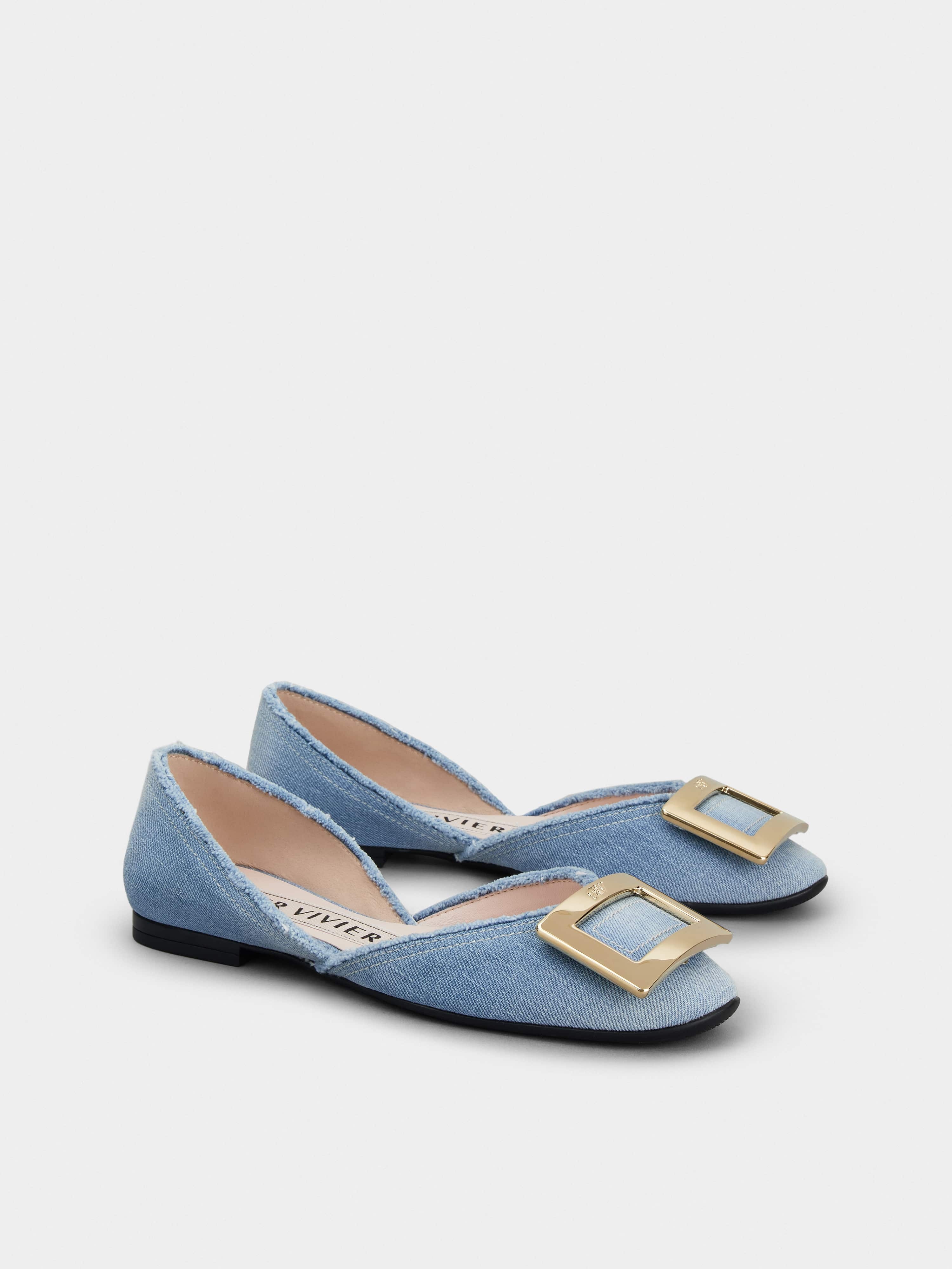 Dorsay Metal Buckle Ballerinas in Denim - 2