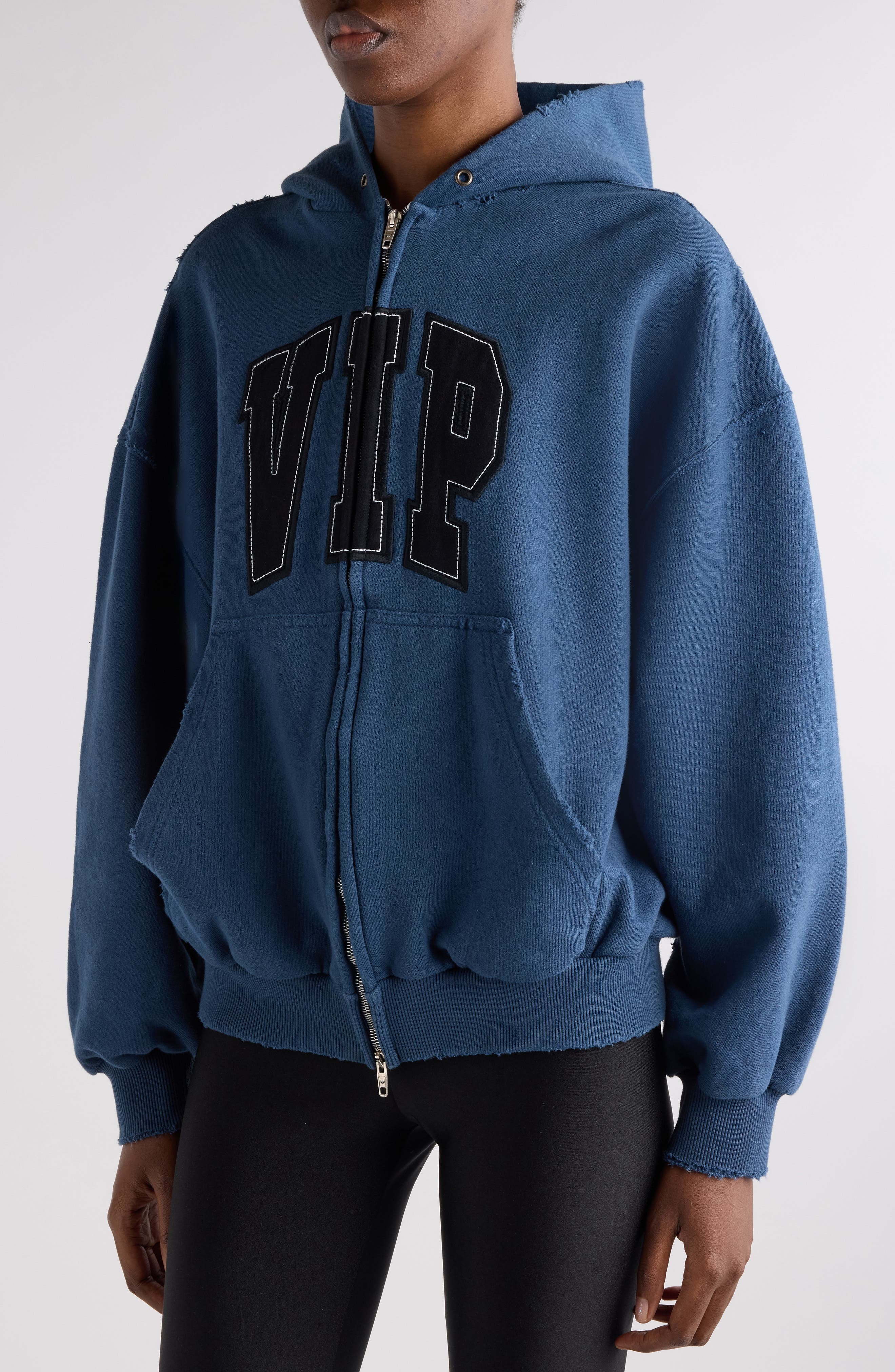 Balenciaga Shifted VIP Distressed Cotton Zip-Up Hoodie in 5002 Dark Blue at Nordstrom - 4