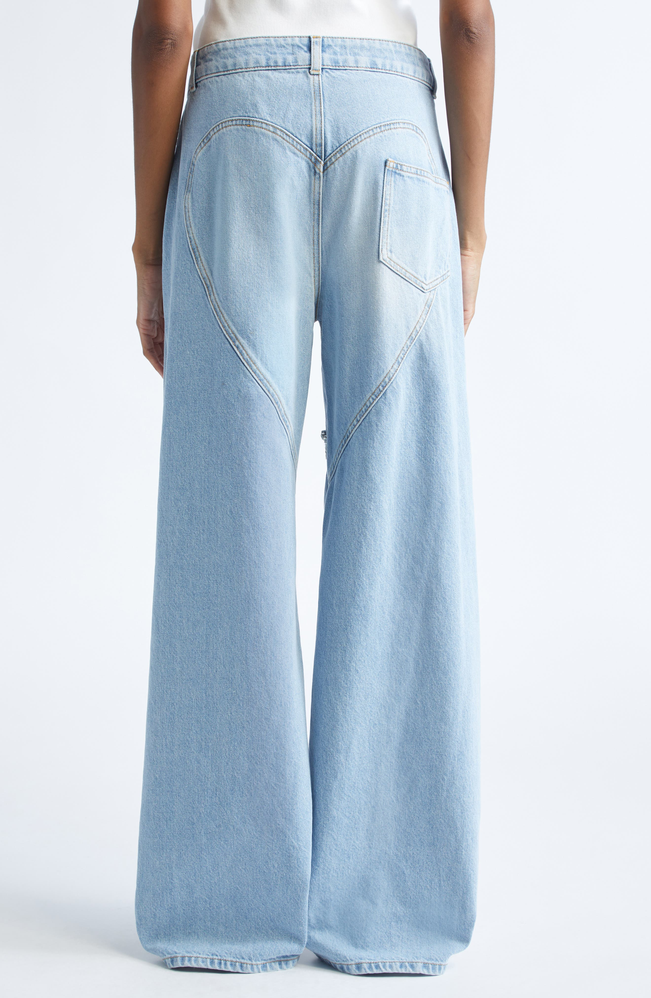 Area Distressed Crystal Trim Relaxed Slit Jeans in Medium Blue at Nordstrom - 3