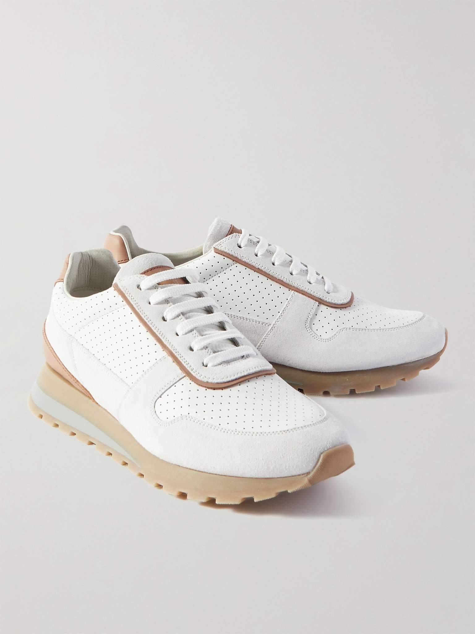 Perforated Leather and Suede Sneakers - 4