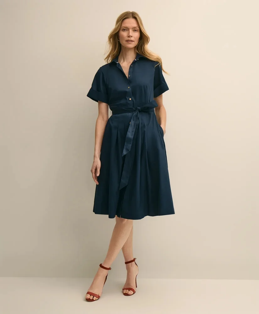 Cotton Sateen Short-Sleeve Belted Shirt Dress - 1