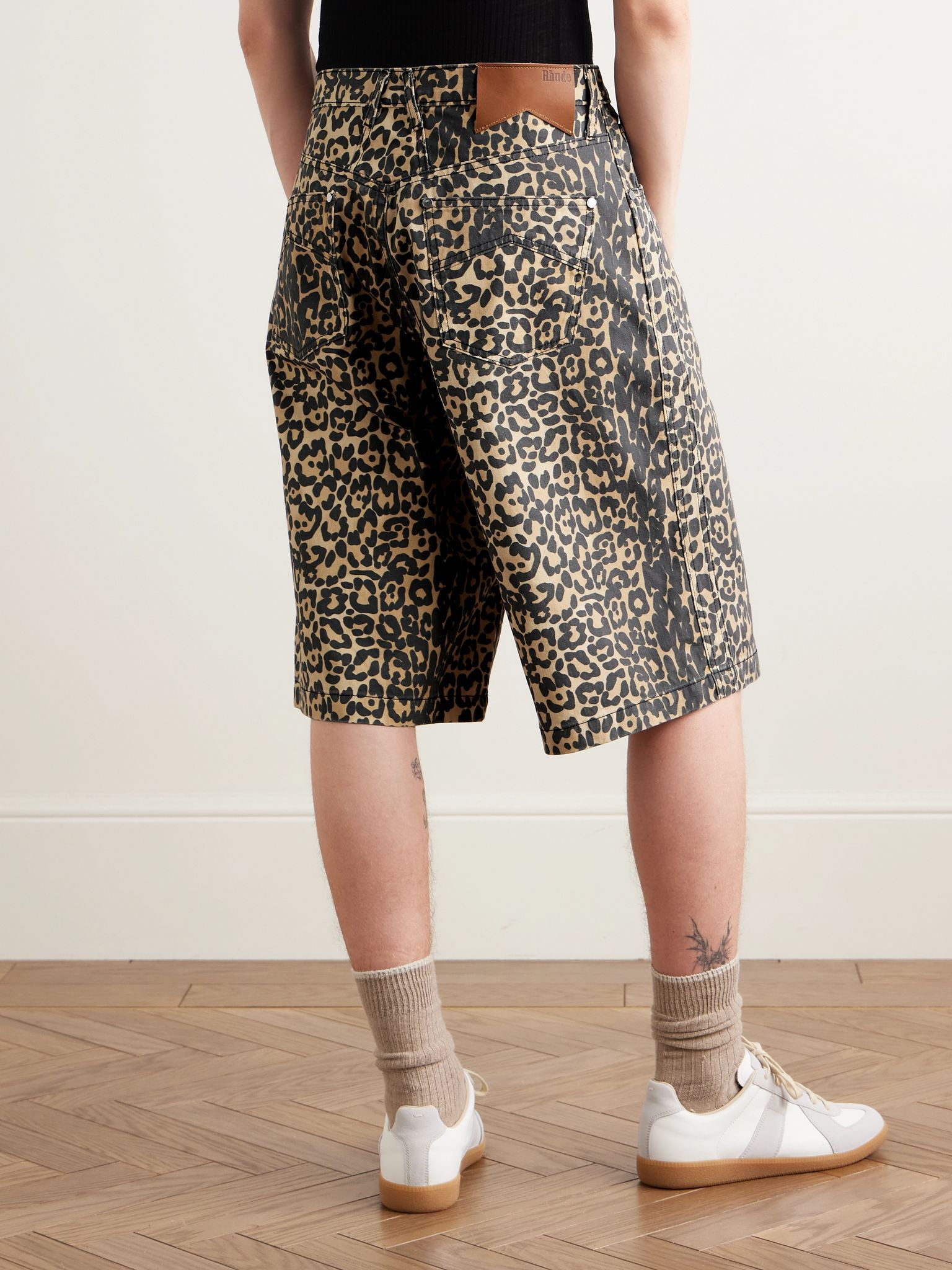 Wide-Leg Leopard-Print Denim Shorts Black - 4