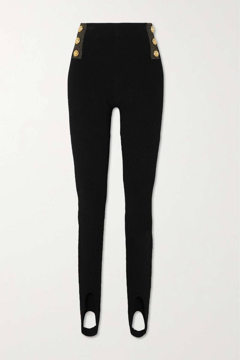 Button-embellished metallic ribbed-knit stirrup leggings 1