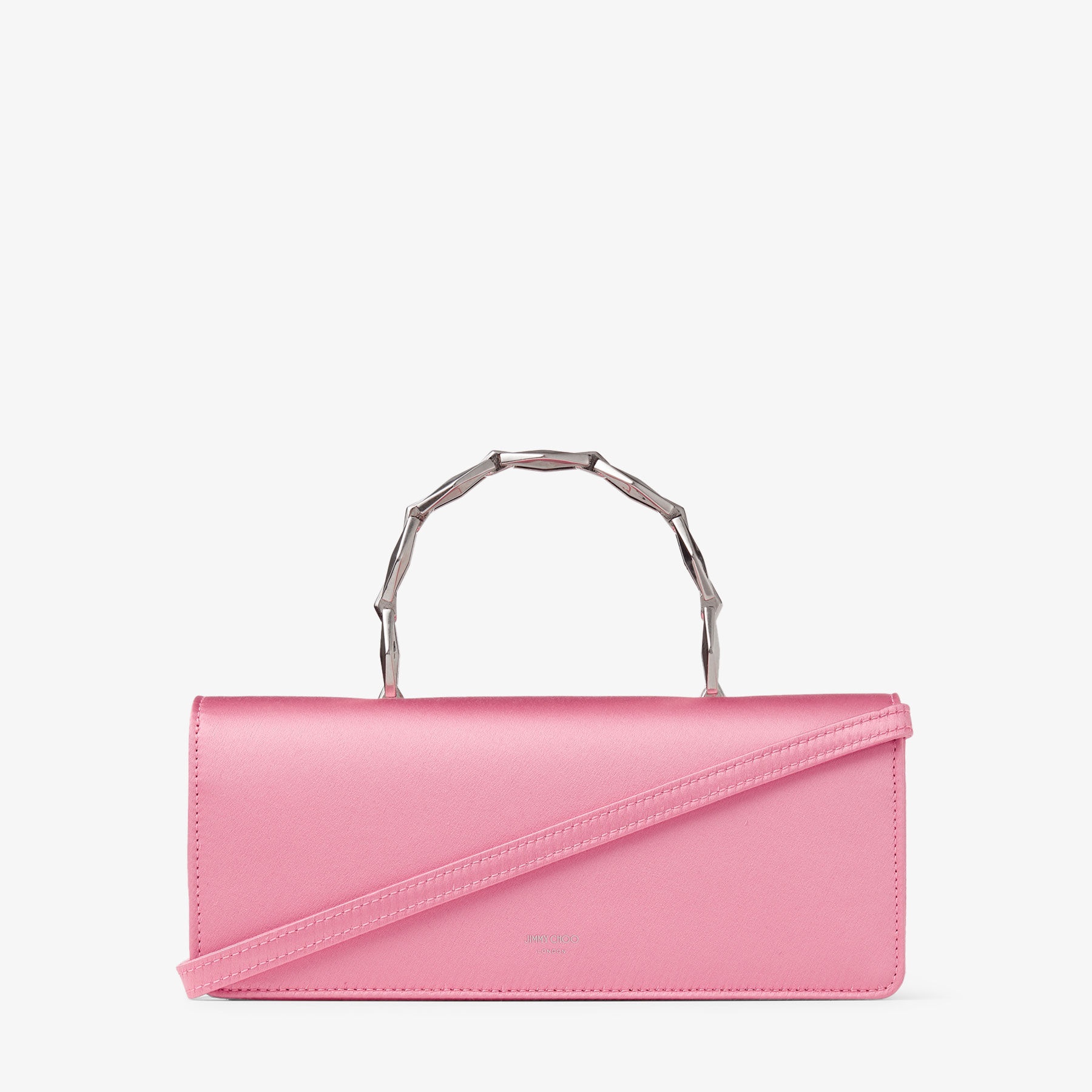 Diamond Chain Top Handle
Candy Pink Satin Top Handle Bag with Diamond Pave Lock - 6