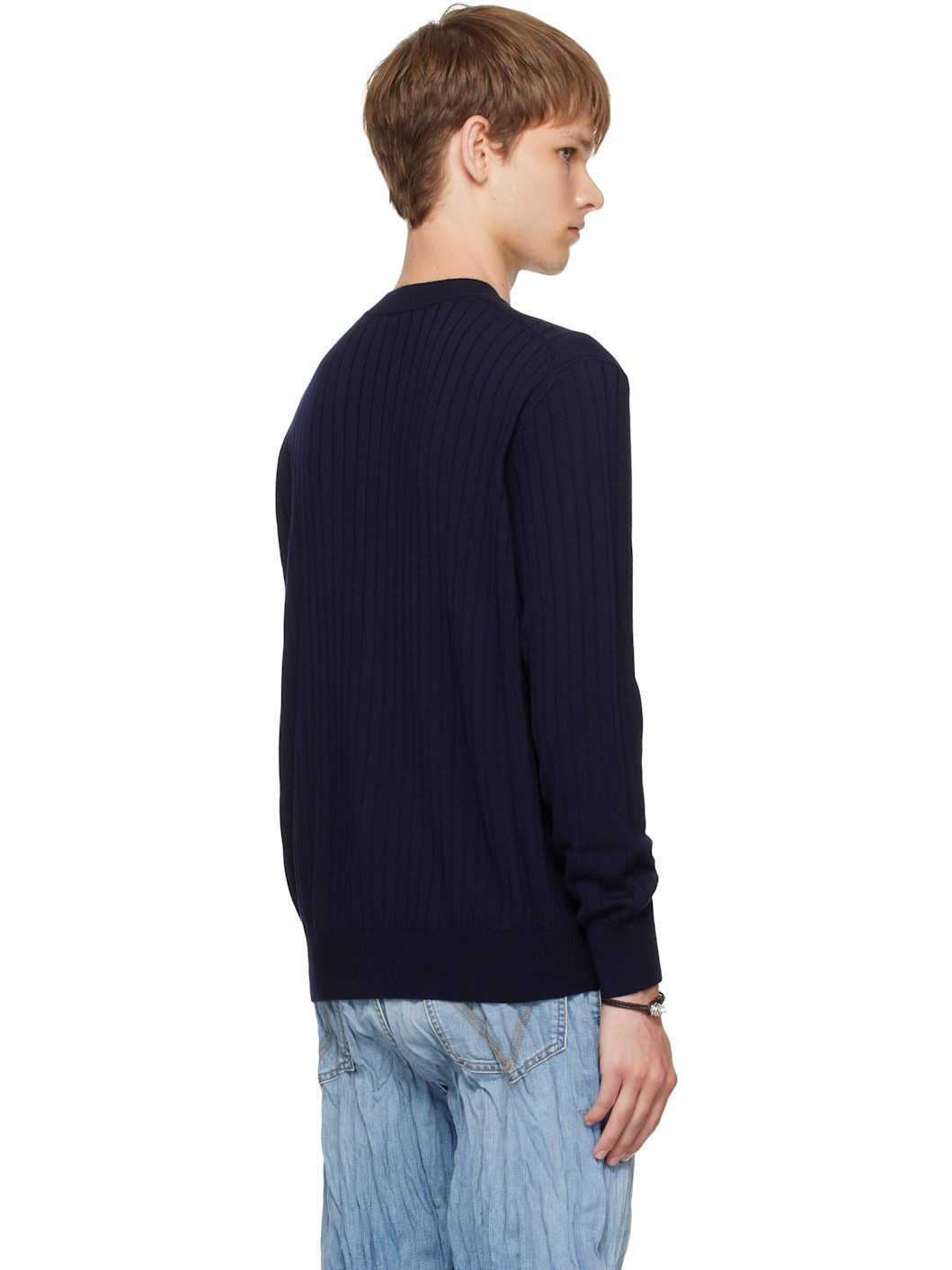 Navy Wool Rib Cardigan - 3