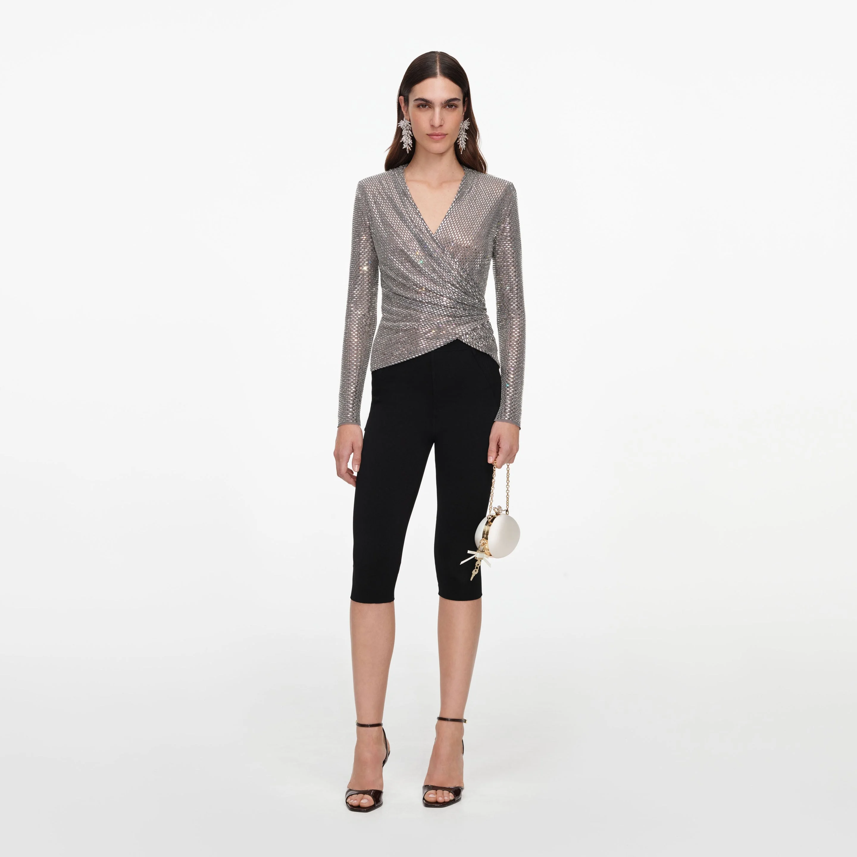 Grey Rhinestone Mesh Wrap Top - 1