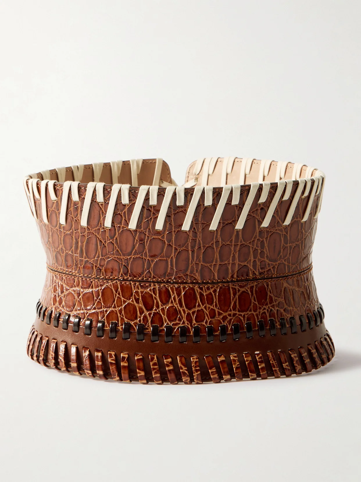 Whipstitched Paneled Croc-effect Leather Corset Belt - 1