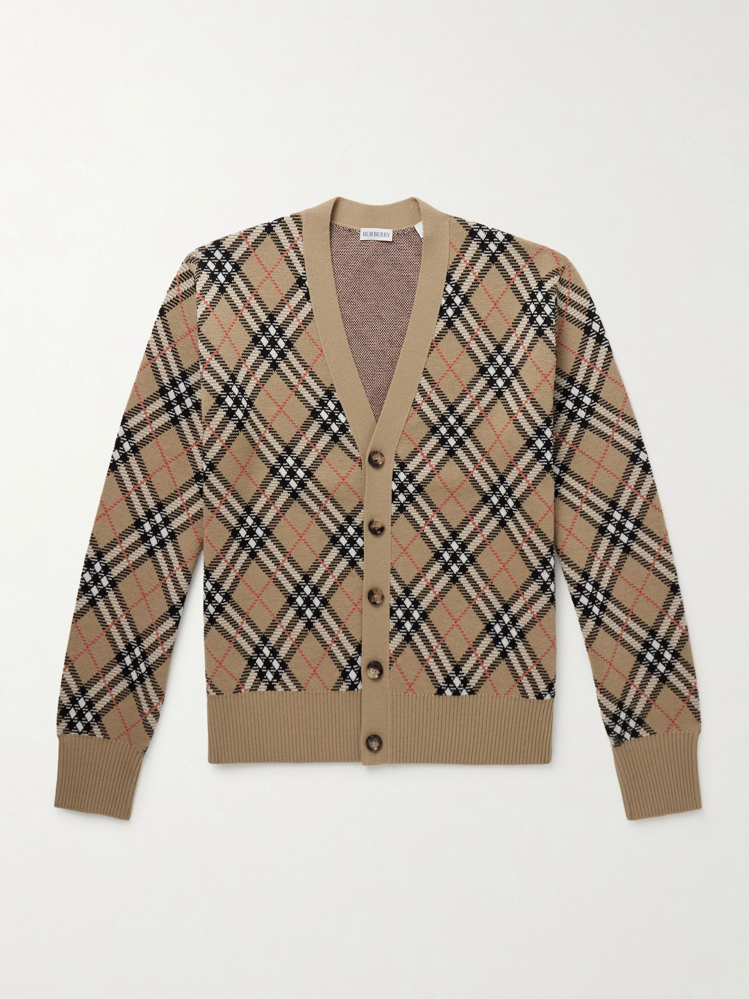 Checked Jacquard-Knit Wool-Blend Cardigan Sand - 1